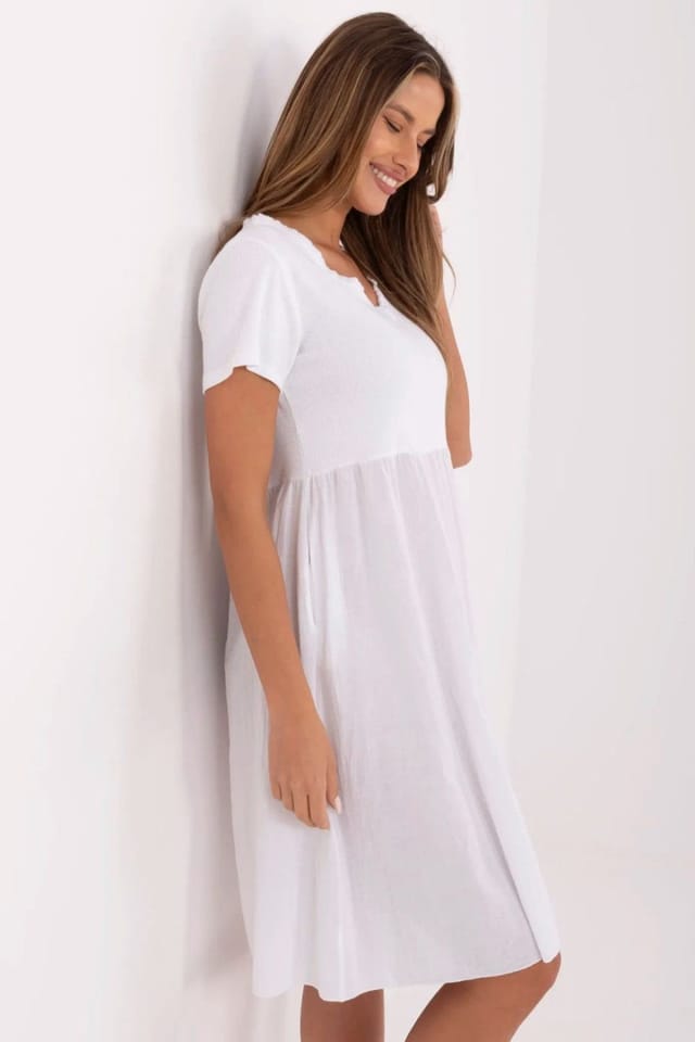 Love Lace Love Lace Women's Cotton Elastane Ribbed V Neck Flared Dress in White - 2