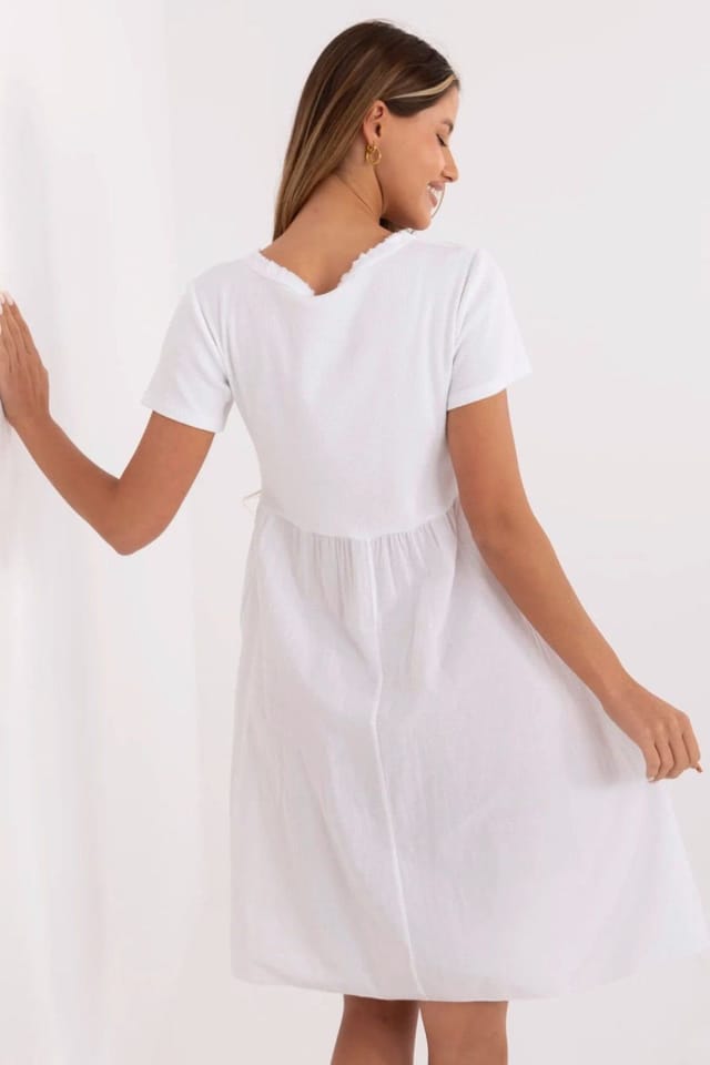 Love Lace Love Lace Women's Cotton Elastane Ribbed V Neck Flared Dress in White - 3