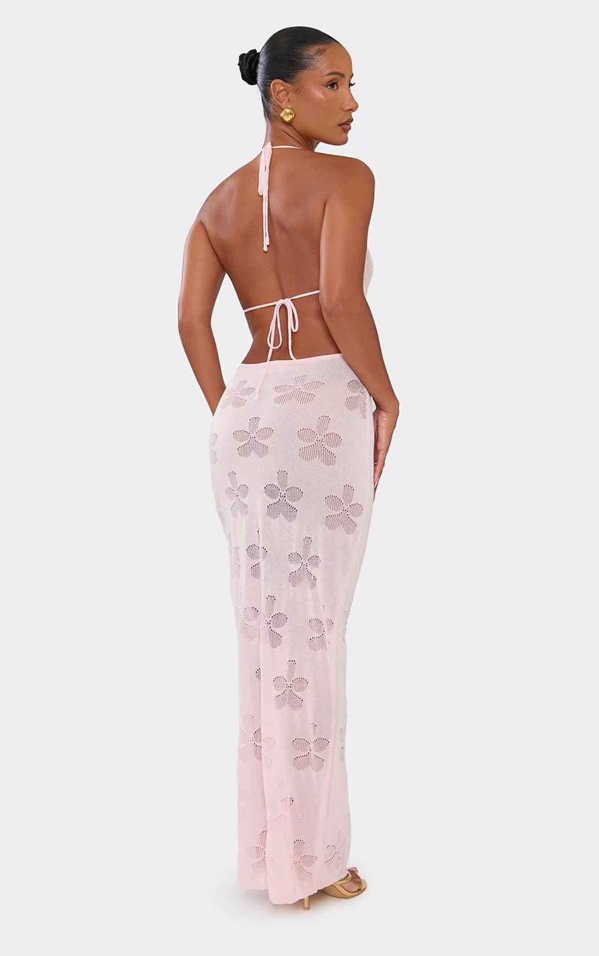 EGO Halterneck Cowl Front Maxi Dress In Pink Floral Knit., Women's Size UK S