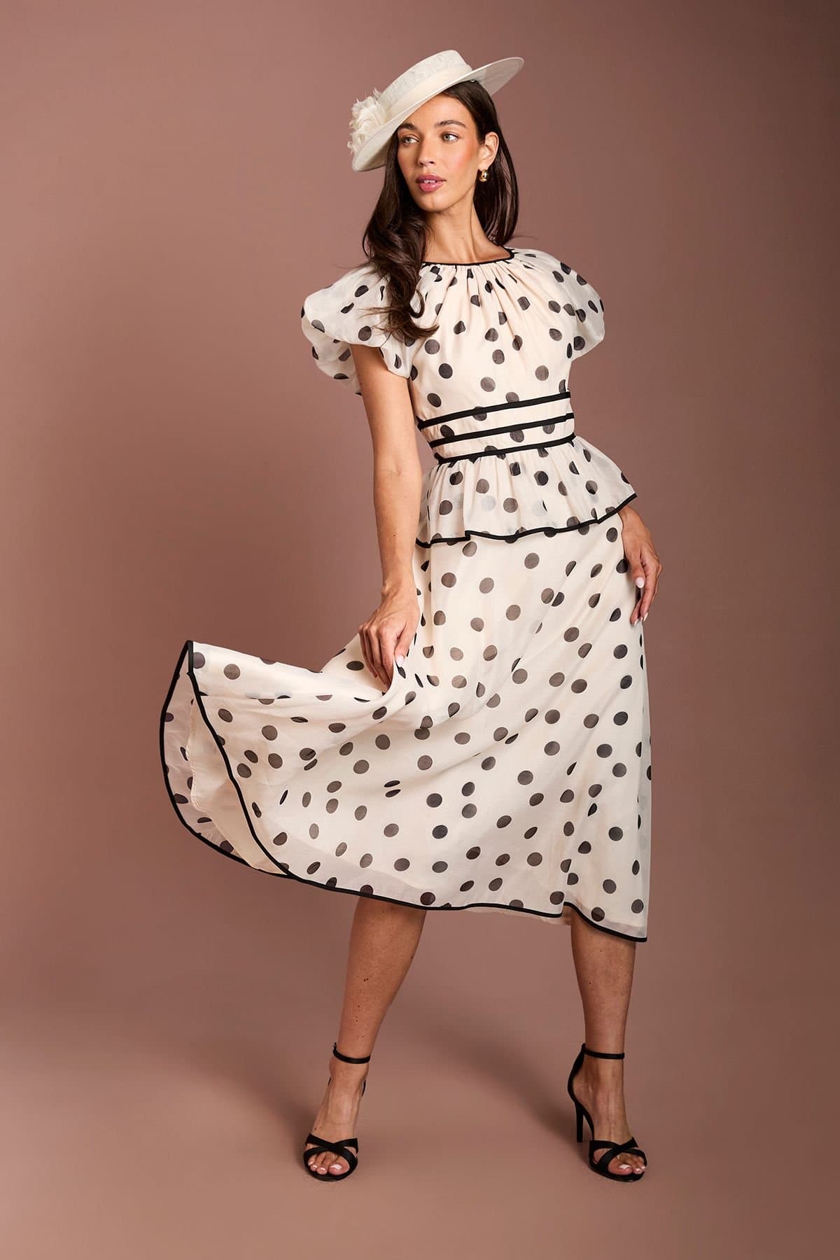 Coast Coast Women's Lisa Tan Polka Dot Cap Sleeve Midi Dress in Mono