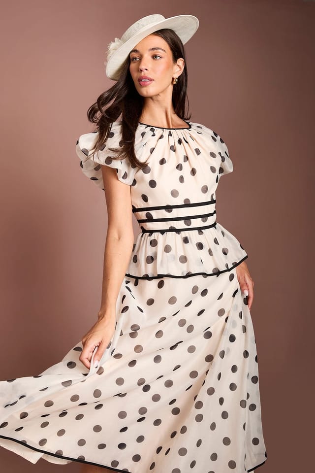 Coast Coast Women's Lisa Tan Polka Dot Cap Sleeve Midi Dress in Mono - 3