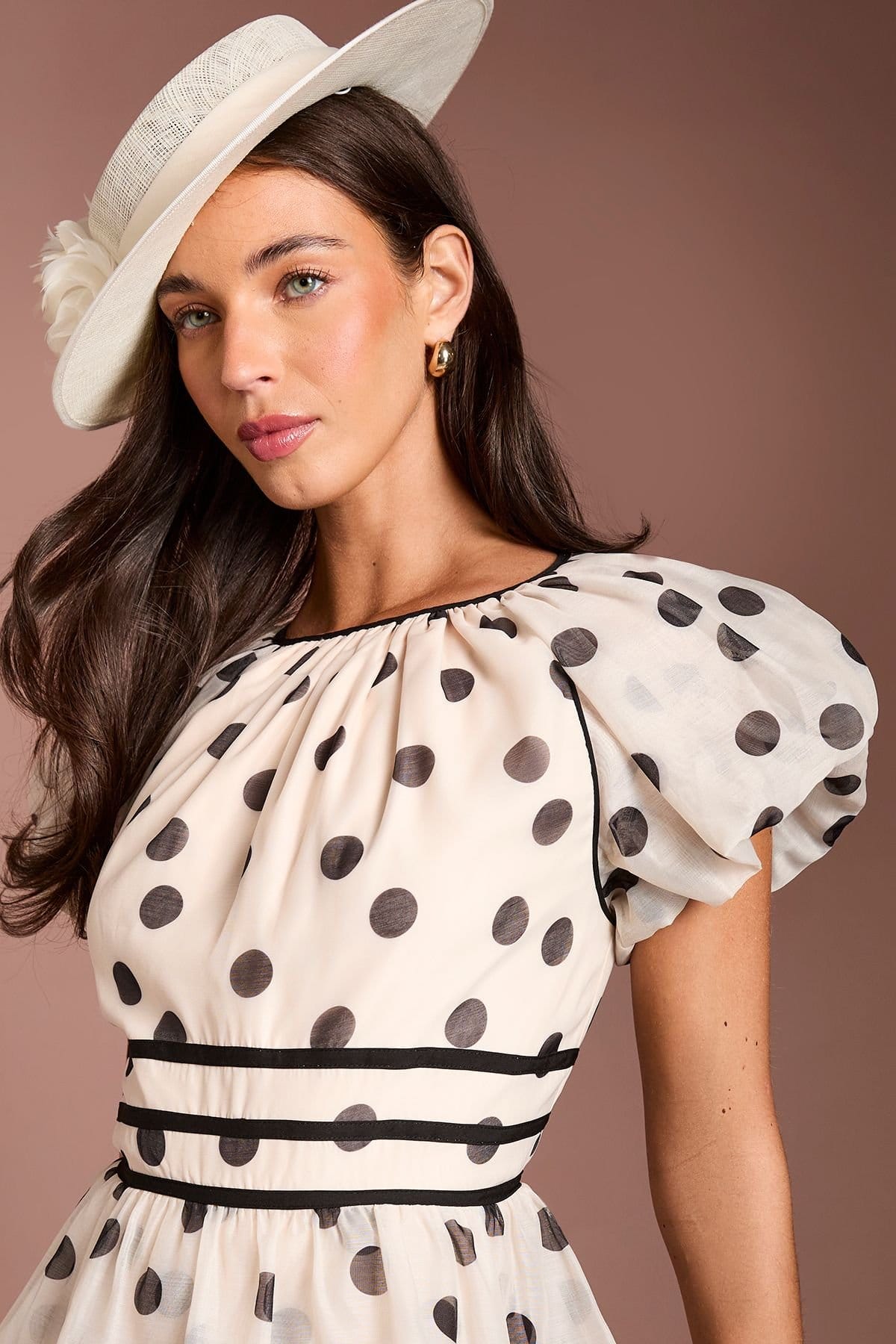 Coast Coast Women's Lisa Tan Polka Dot Cap Sleeve Midi Dress in Mono - 4