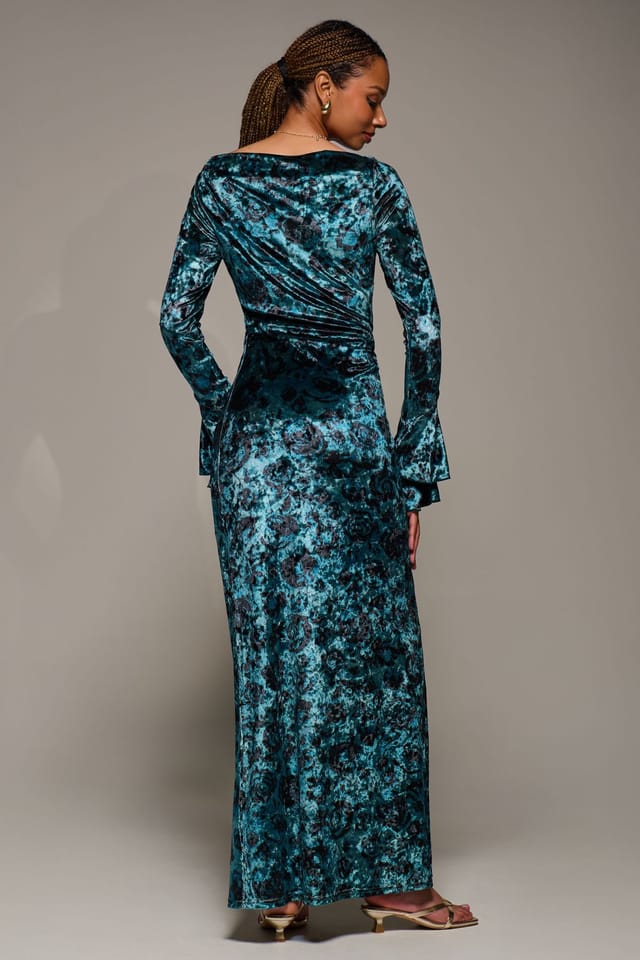 Jolie Moi Jolie Moi Women's Ruffle Sleeve Boat Neck Velvet Maxi Dress in Teal - 2