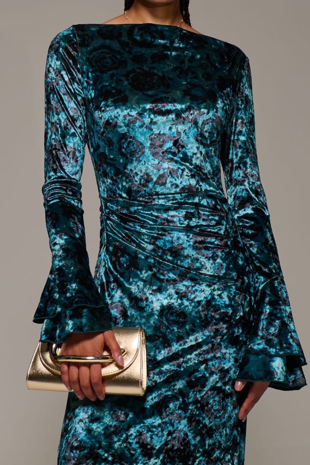 Jolie Moi Jolie Moi Women's Ruffle Sleeve Boat Neck Velvet Maxi Dress in Teal - 3