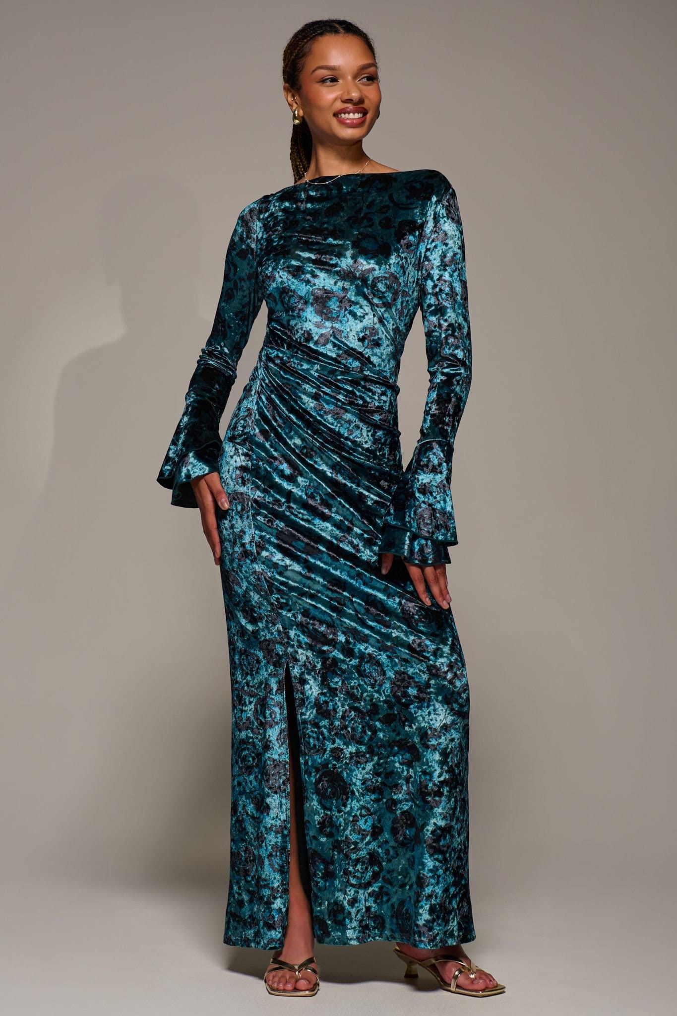Jolie Moi Jolie Moi Women's Ruffle Sleeve Boat Neck Velvet Maxi Dress in Teal - 4