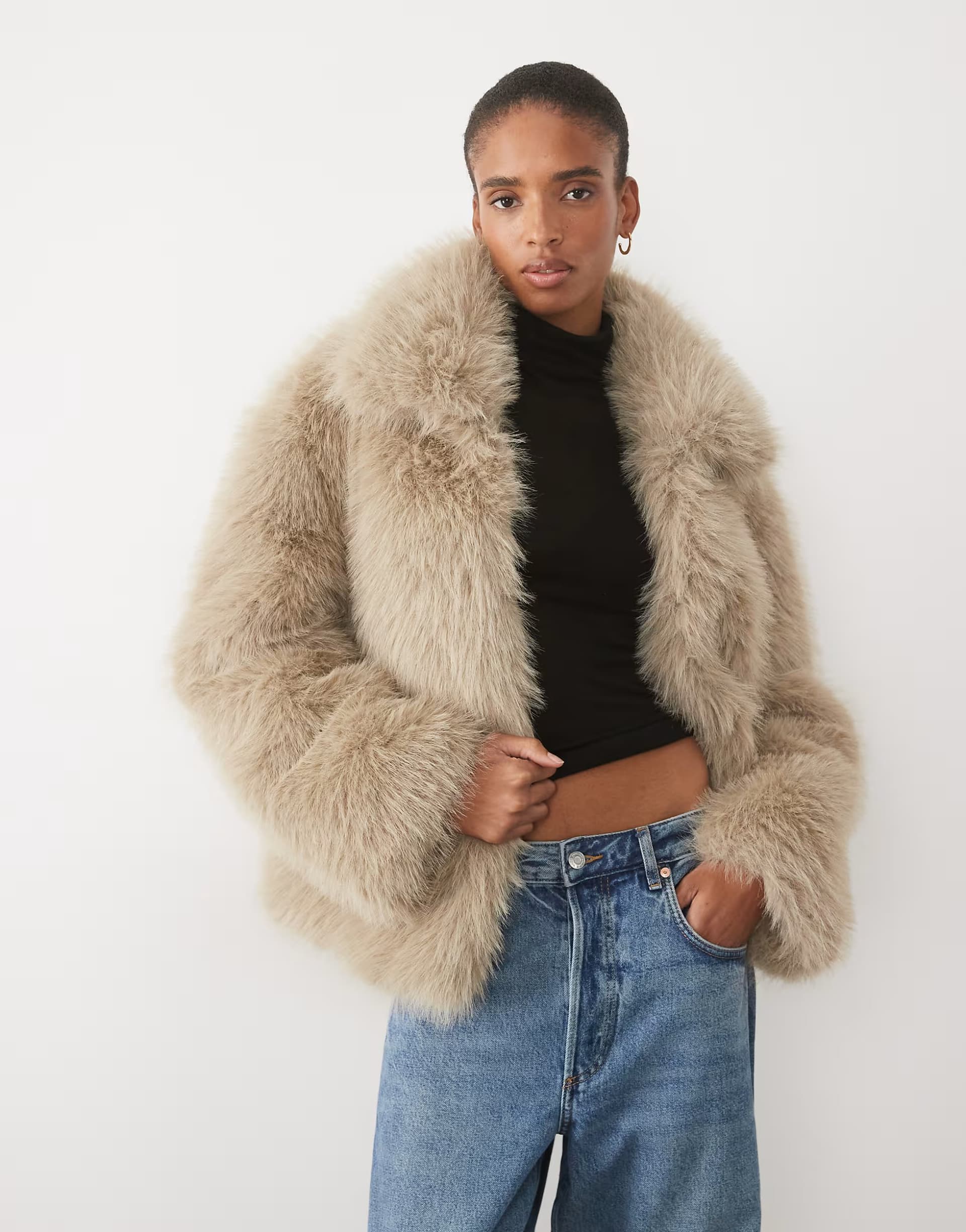 ASOS ASOS DESIGN Tall short collared faux fur jacket in light brown