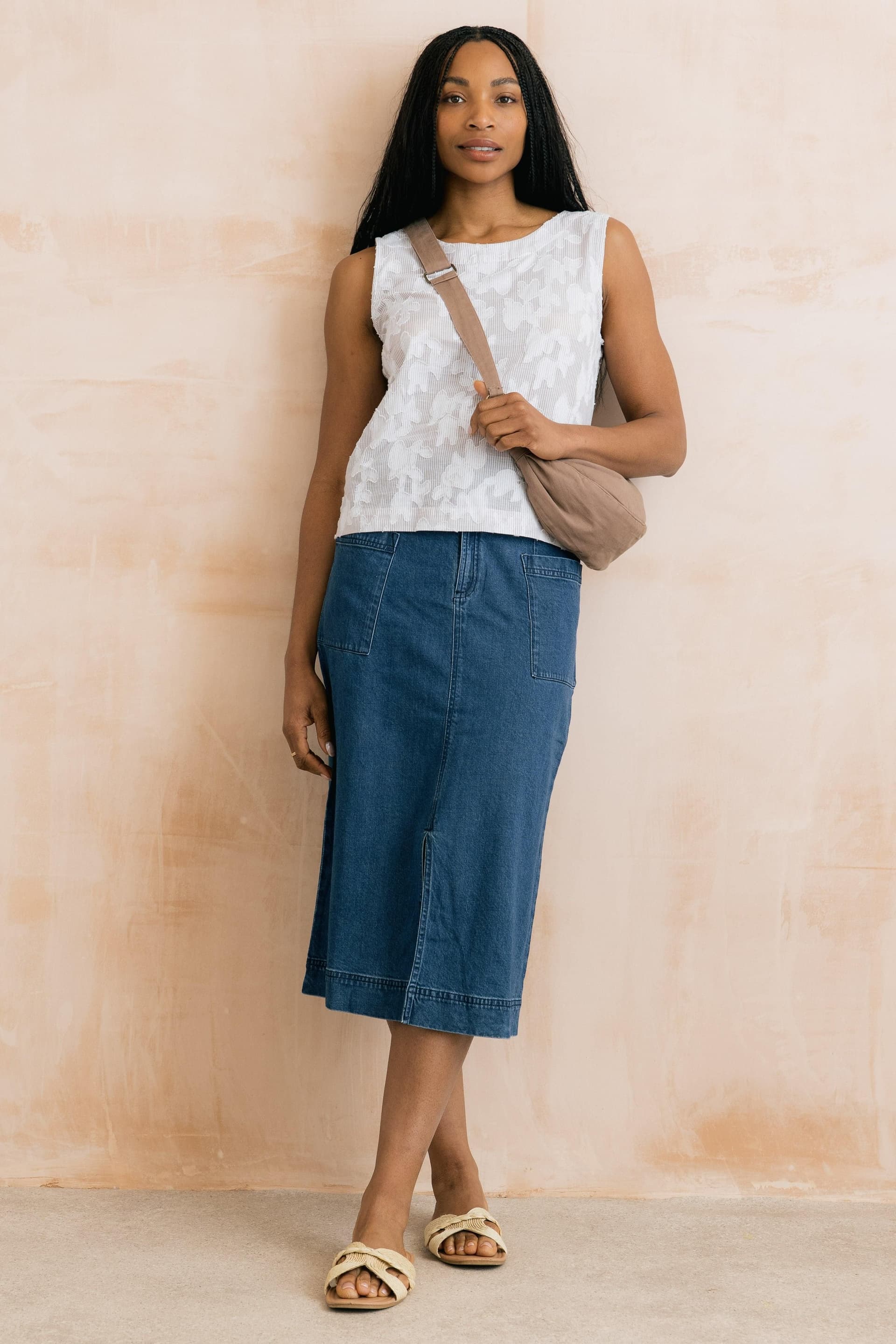 Lily & Me Lily & Me Women's Penrose Soft Cotton/lyocell Denim Midi Skirt with Belt loops at waist in Blue