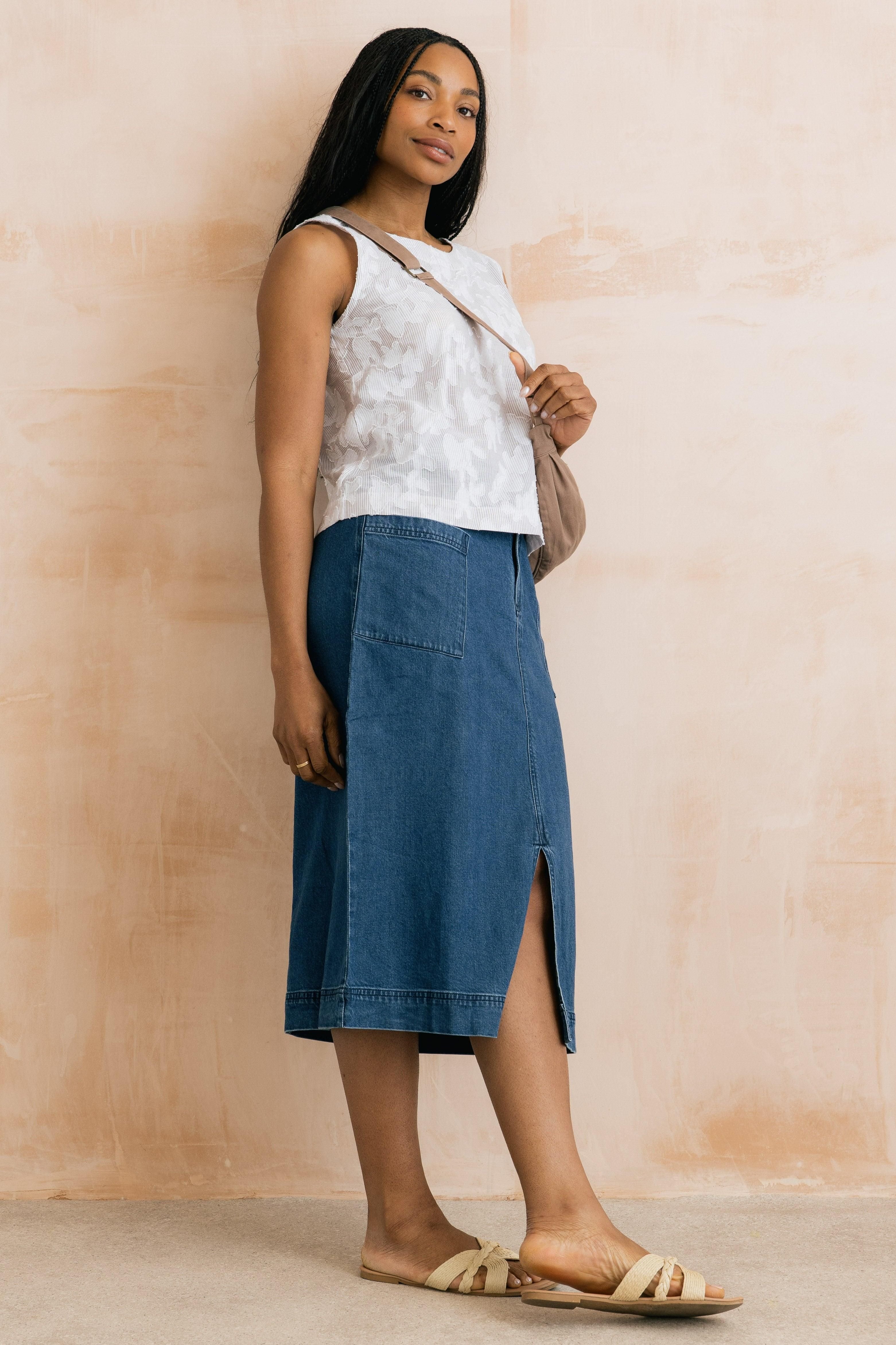 Lily & Me Lily & Me Women's Penrose Soft Cotton/lyocell Denim Midi Skirt with Belt loops at waist in Blue - 2