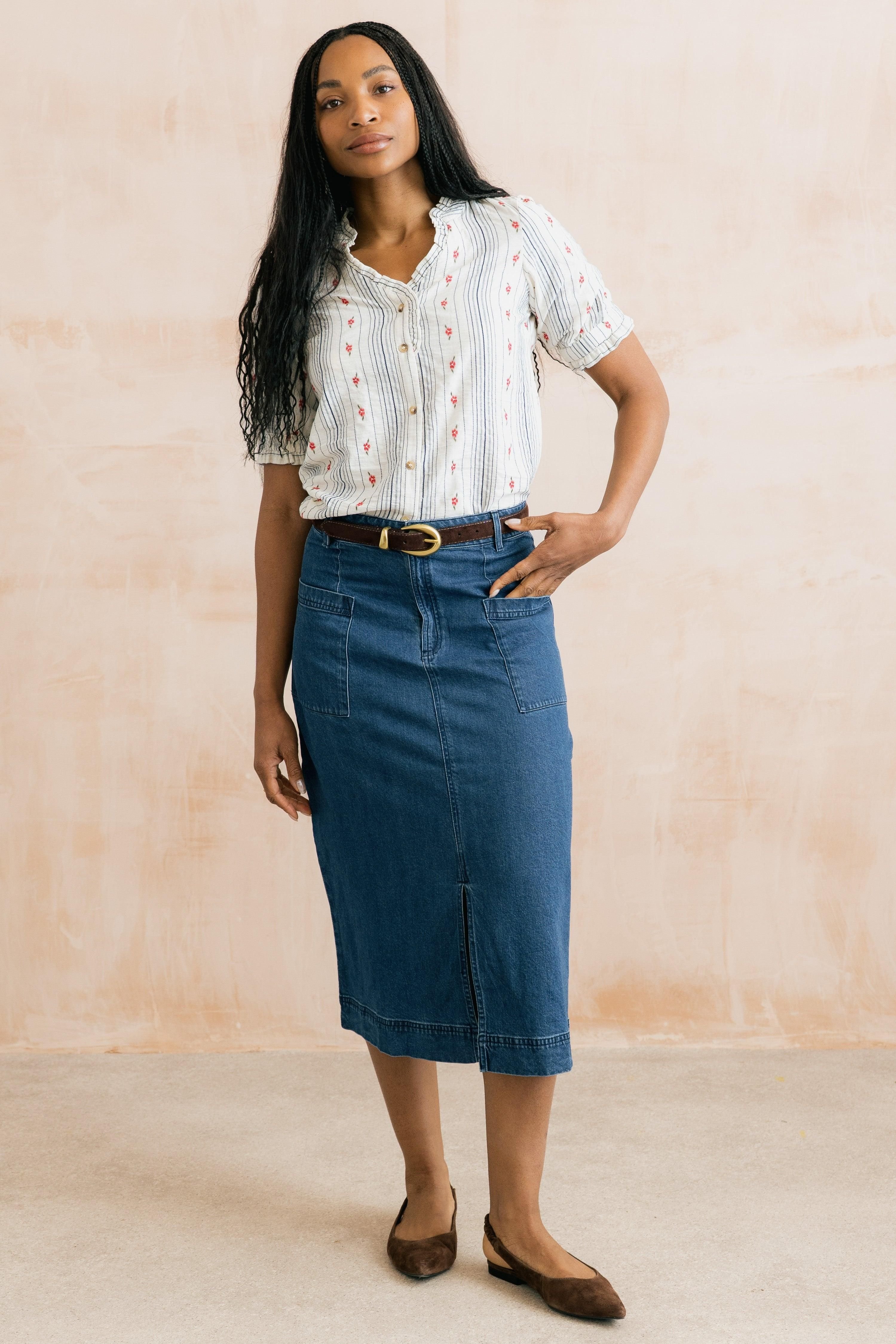 Lily & Me Lily & Me Women's Penrose Soft Cotton/lyocell Denim Midi Skirt with Belt loops at waist in Blue - 3