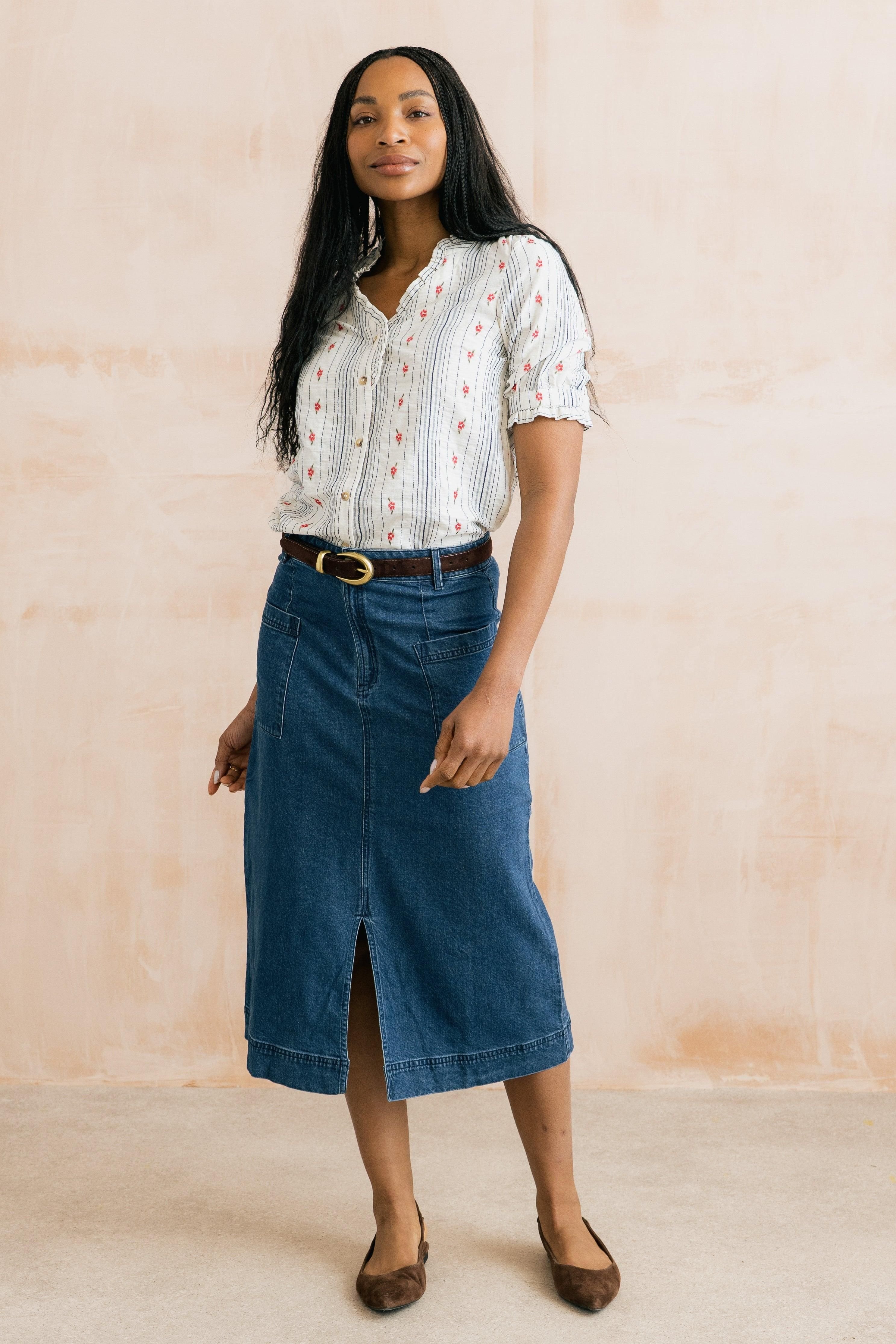 Lily & Me Lily & Me Women's Penrose Soft Cotton/lyocell Denim Midi Skirt with Belt loops at waist in Blue - 4