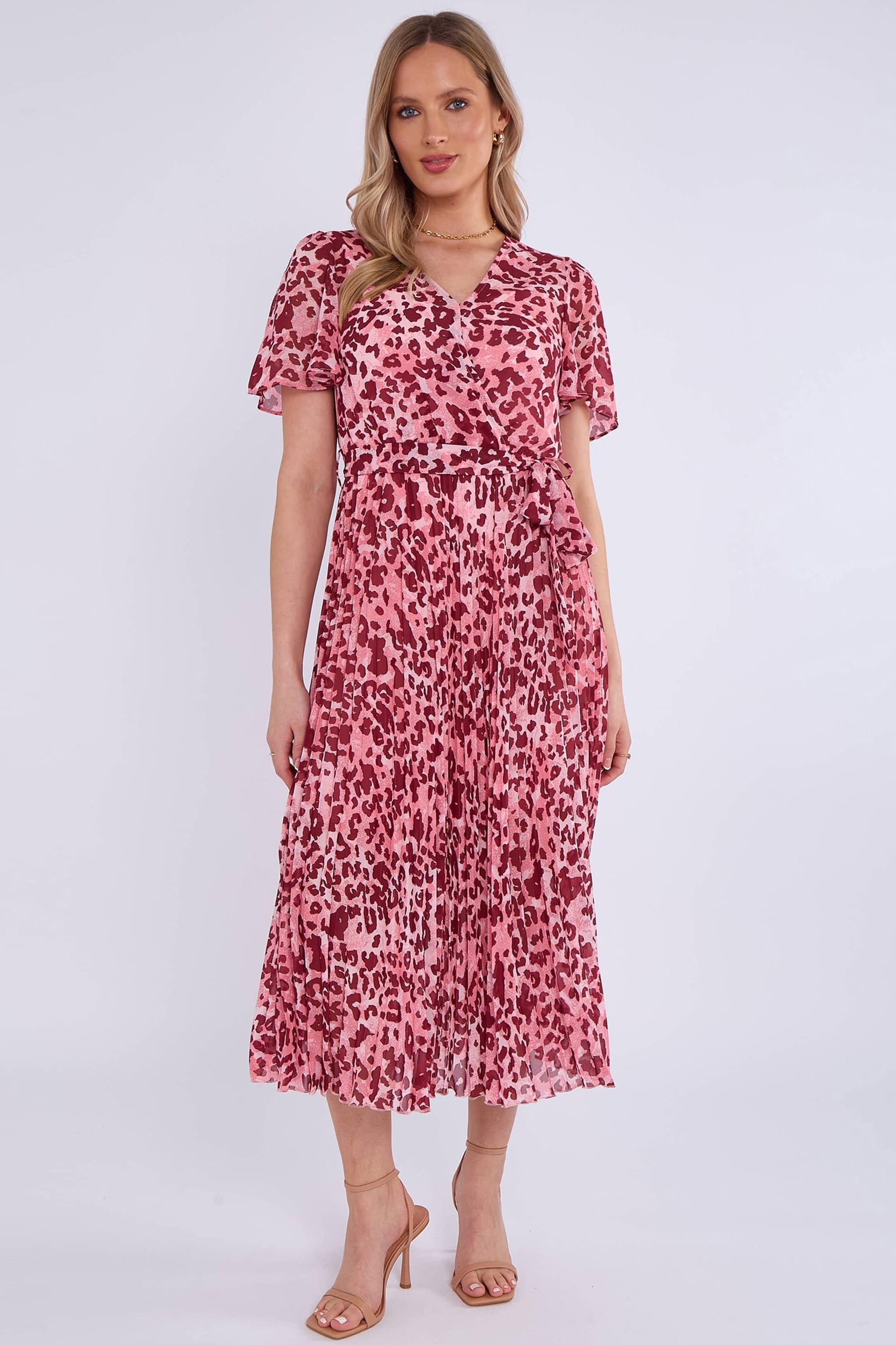 Gini London Pink Animal Print Wrap Pleated Midi Dress