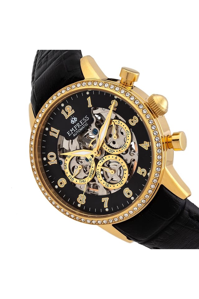 Empress Empress Women's Beatrice Automatic Skeleton Dial Leather-Band Watch with Day & Date in Gold - 3