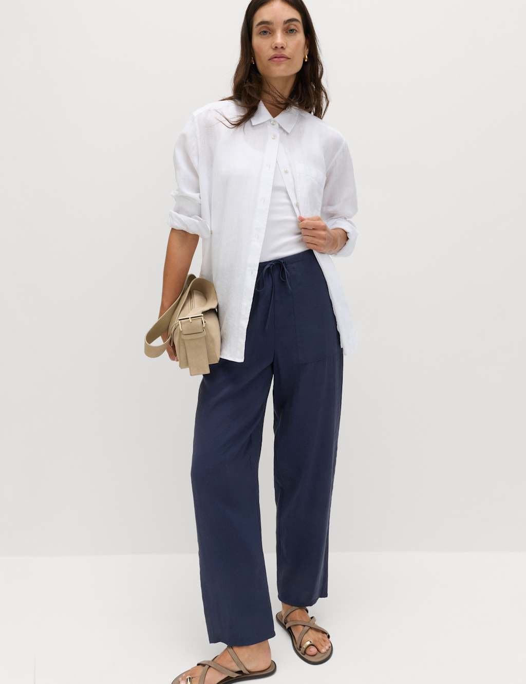 Marks & Spencer M&S Pull On Elasticated Waist Straight Leg Trousers Navy