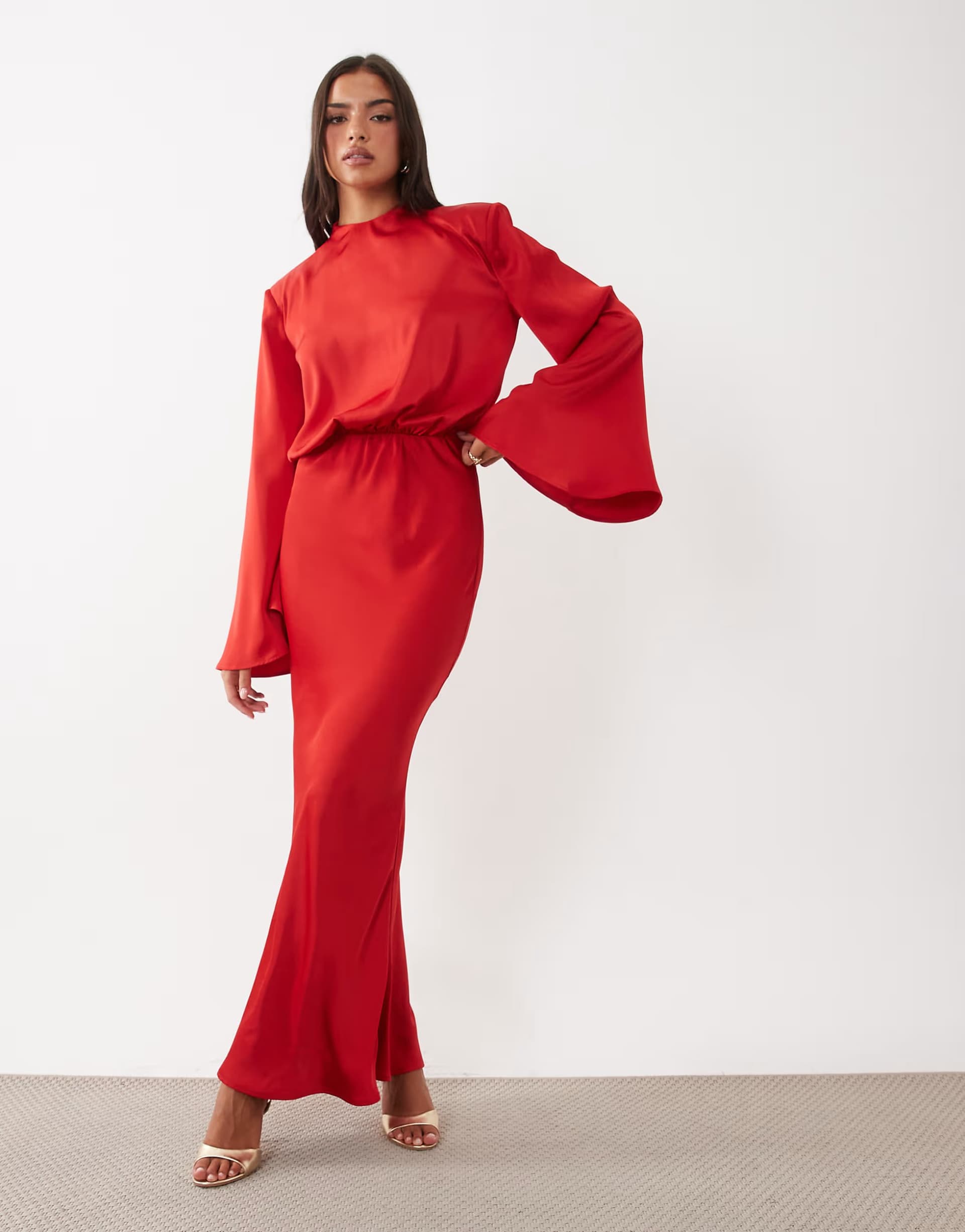 ASOS Kaiia exclusive satin high neck fold over detail wide sleeve fishtail hem maxi dress in red