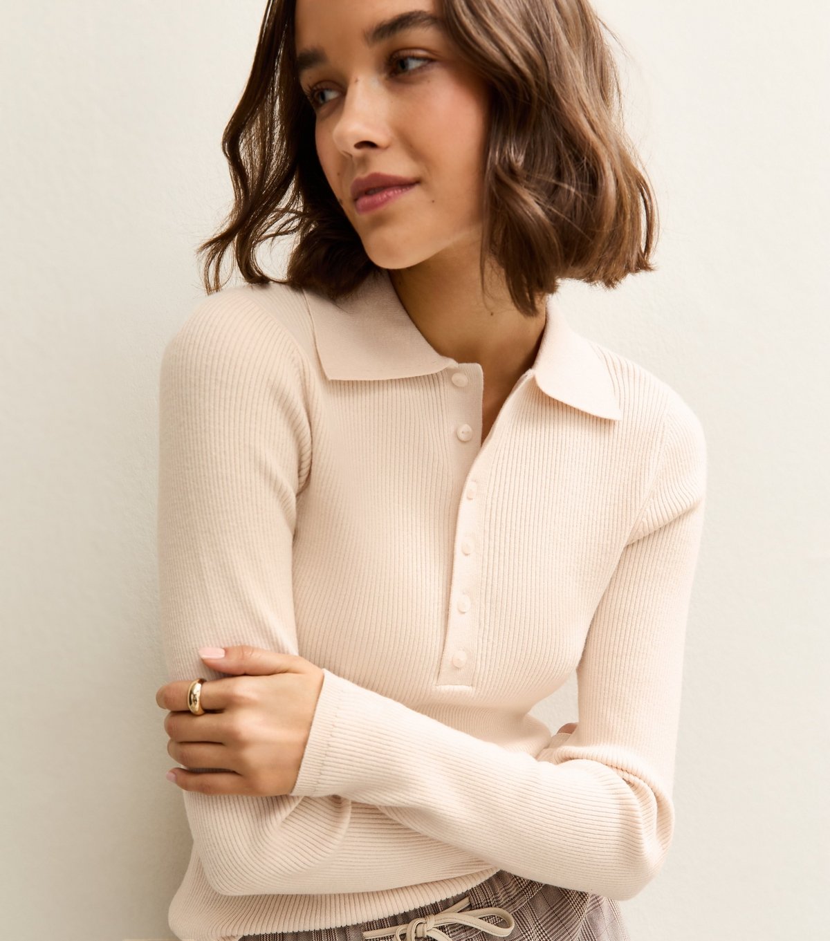 New Look Women's Cream Button Front Ribbed Polo Top New Look - 2