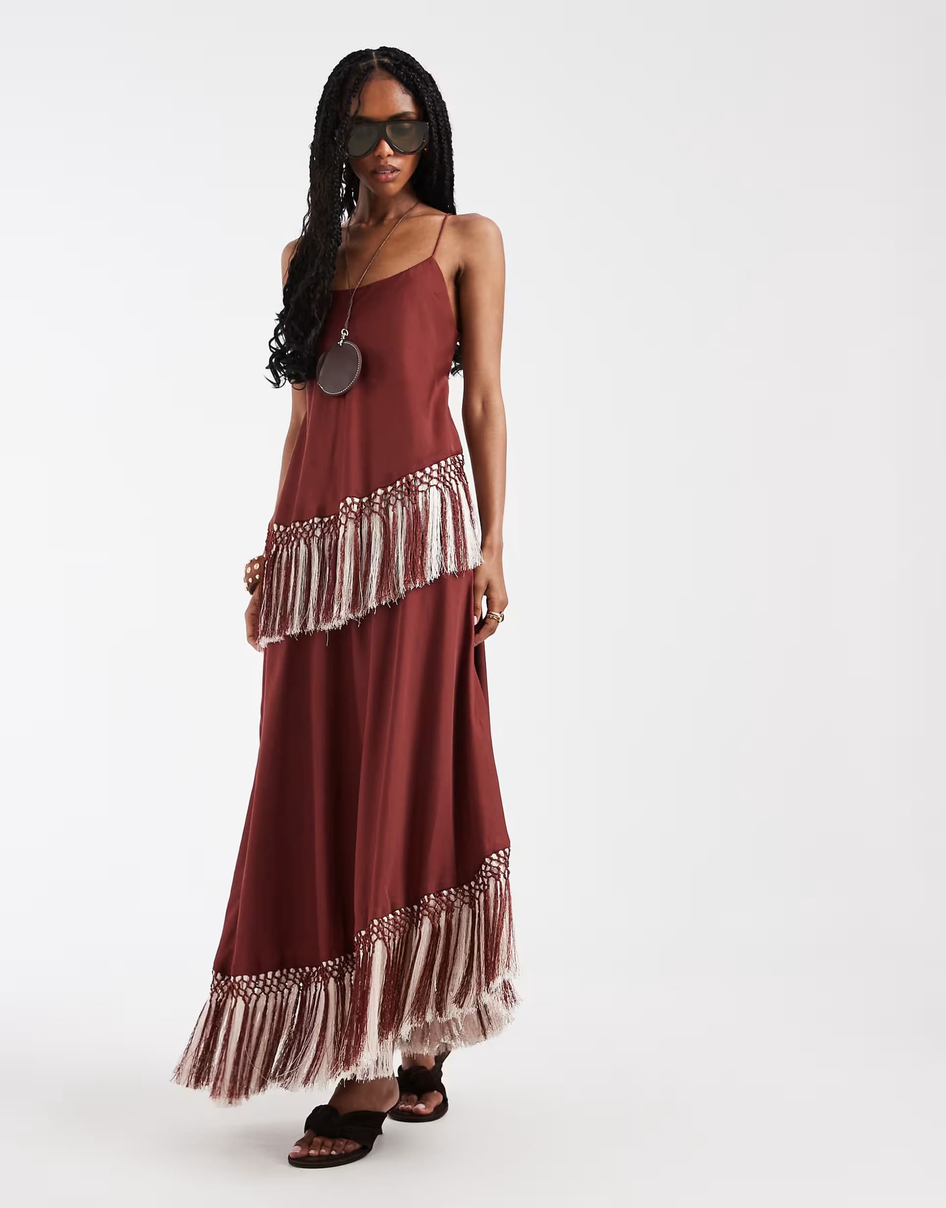 ASOS ASOS DESIGN double tier layered two tone fringe satin cami maxi dress in burgundy