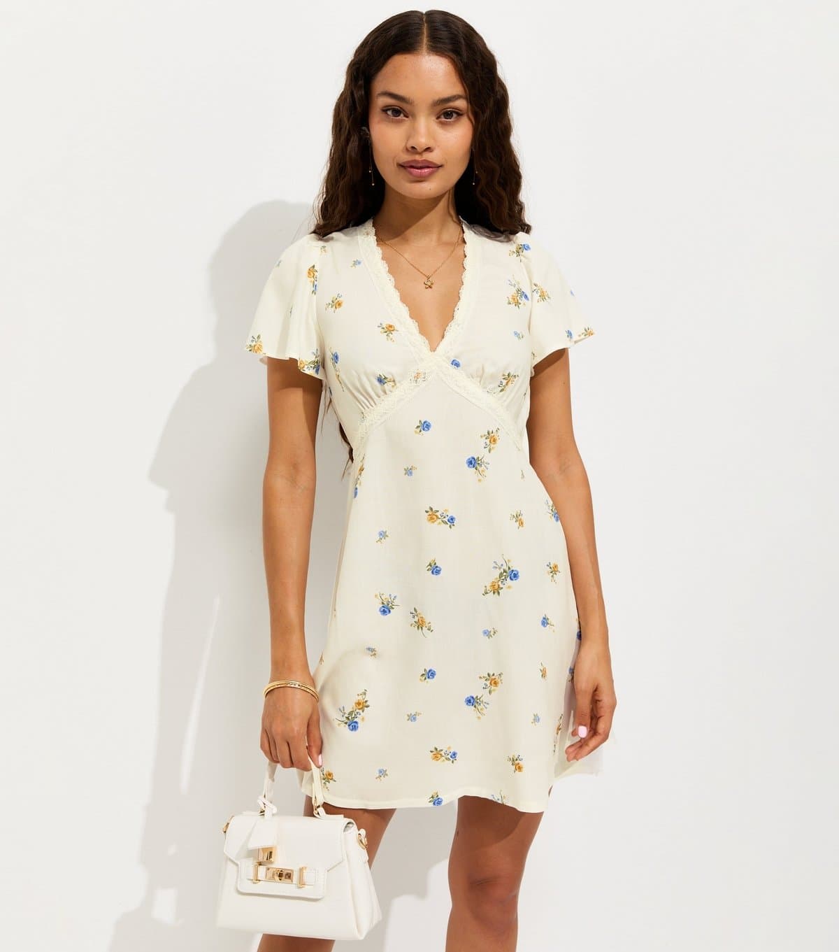 New Look Women's Petite Cream Ditsy Floral Lace Trim Mini Dress New Look