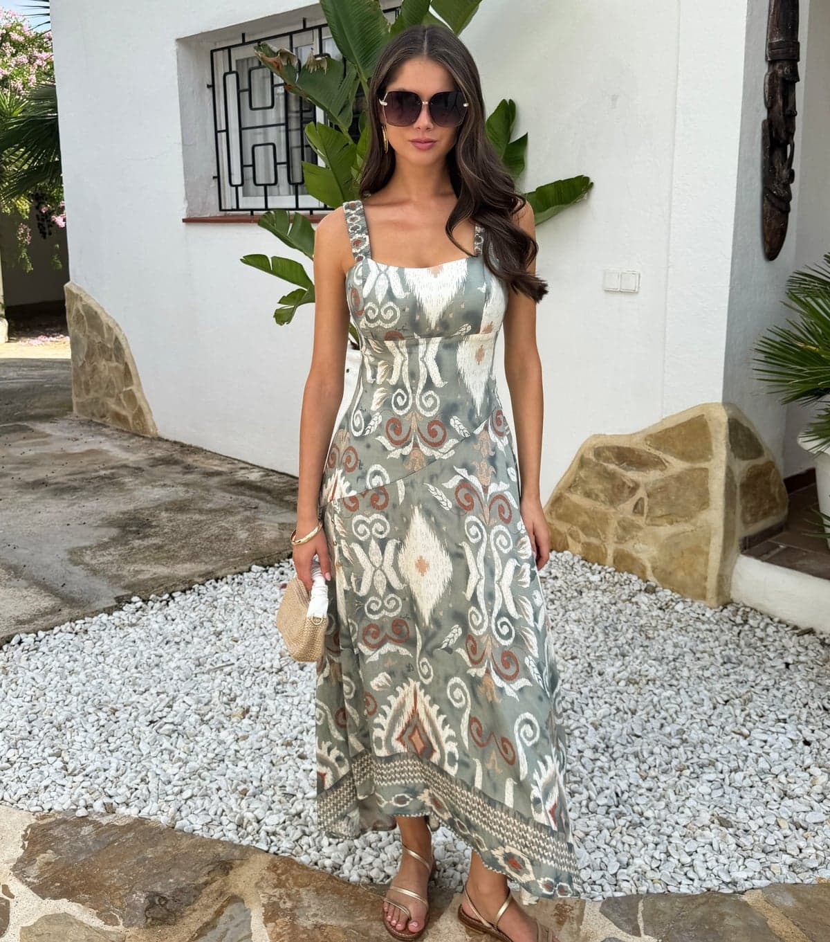 AX Paris Women's Grey Ruched Strap Printed Midi Dress AX Paris New Look