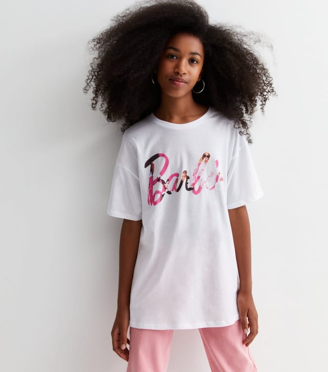 New Look Girls' White Cotton Barbie Logo Long Oversized T-Shirt New Look - 2