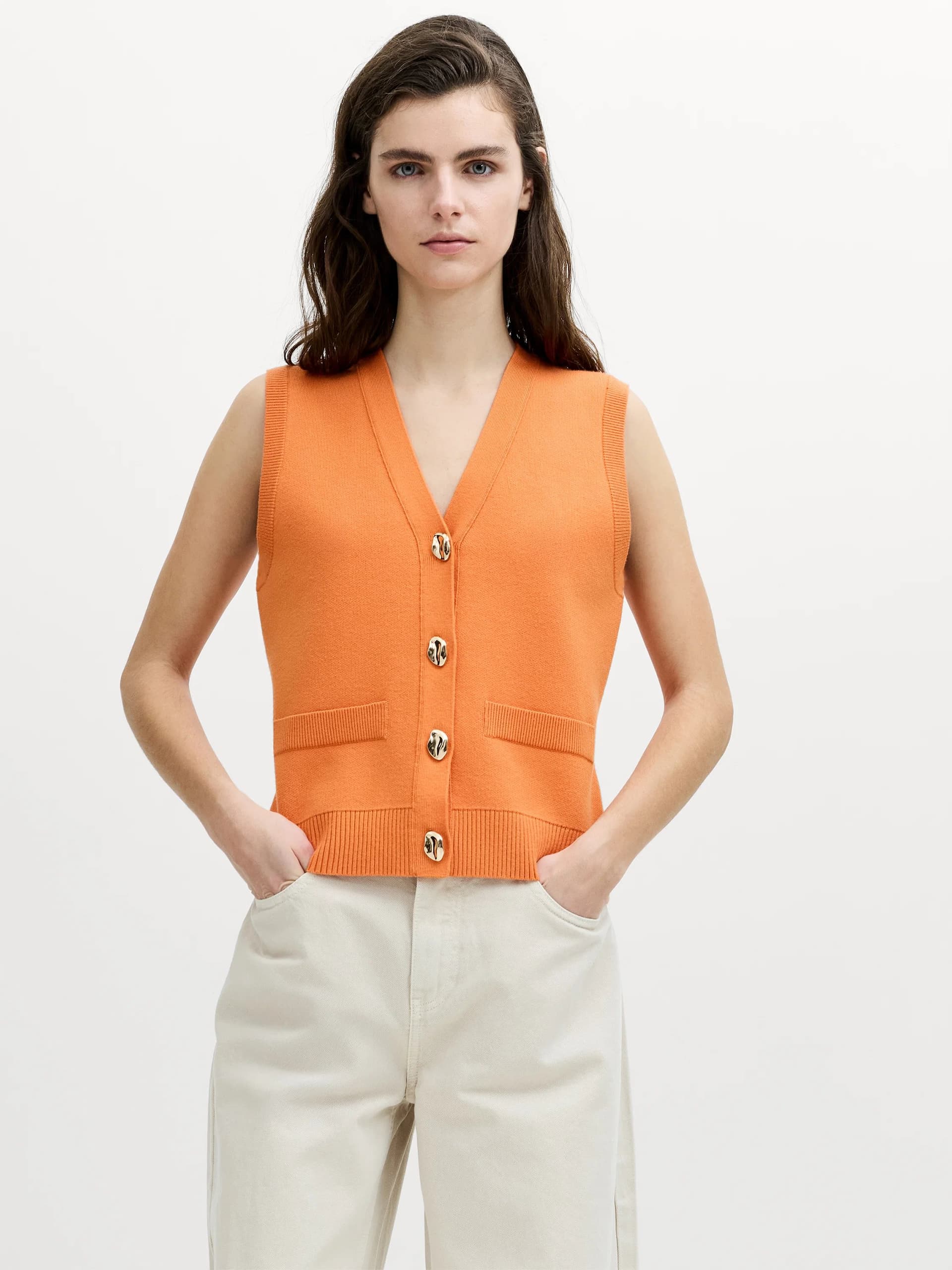 French Connection Missy Orange V-Neck Knit Waistcoat Saffron Orange