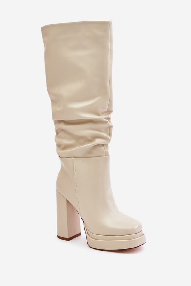 Love Lace Love Lace Women's Slip On Platform Heel Boots with Rounded Toe Crease Upper in Beige - 2