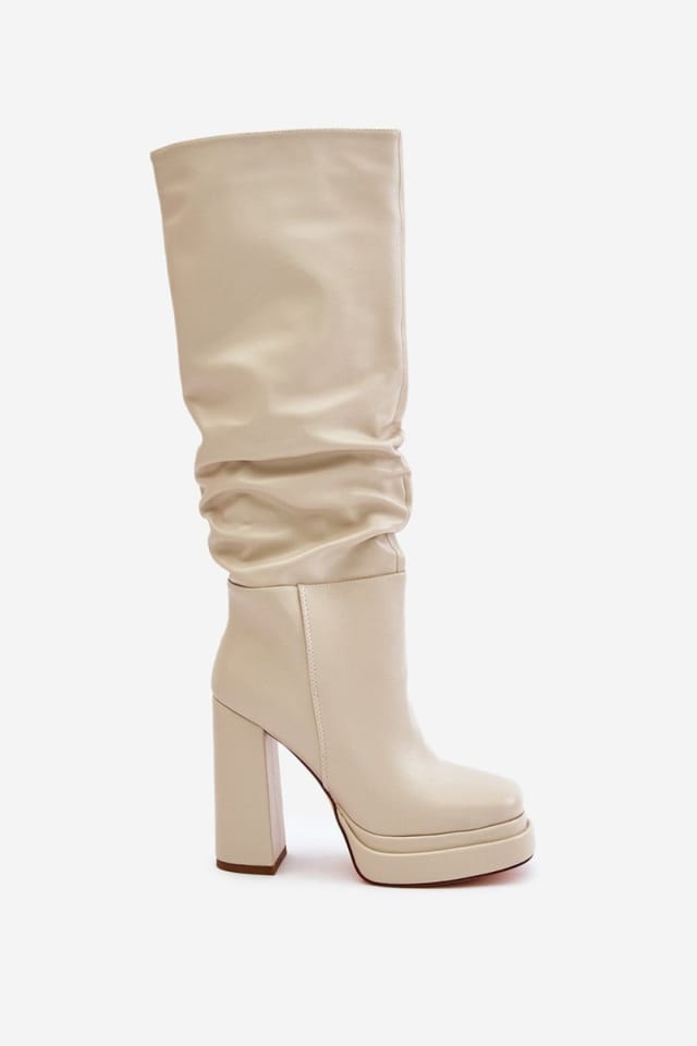 Love Lace Love Lace Women's Slip On Platform Heel Boots with Rounded Toe Crease Upper in Beige - 3