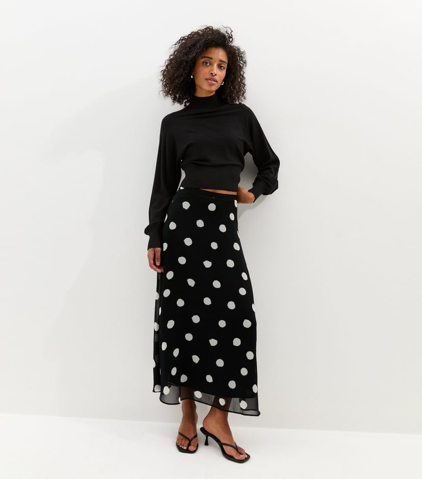 New Look Women's Black Chiffon Polka Dot Bias Cut Midi Skirt New Look - 1
