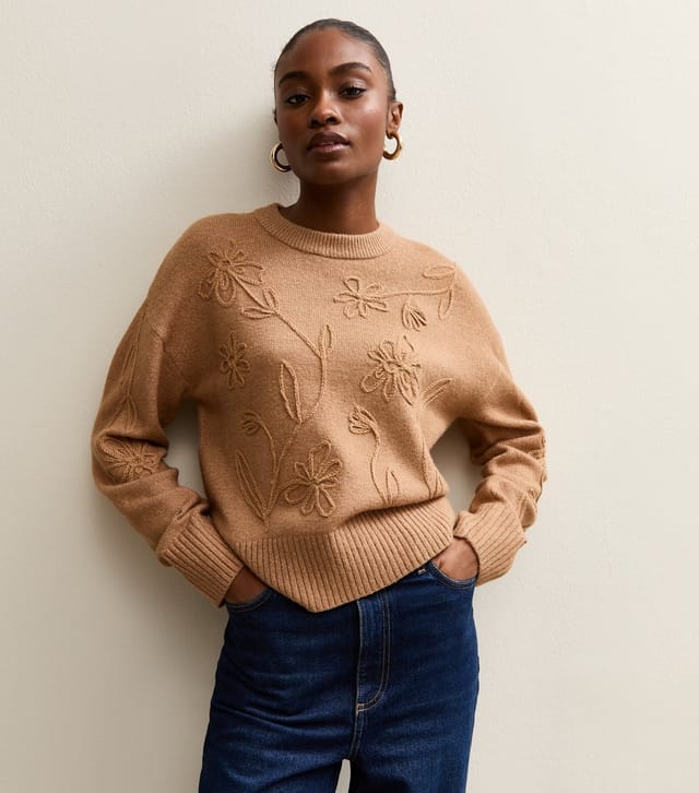 New Look Women's Camel Floral Embroidered Jumper New Look - 2