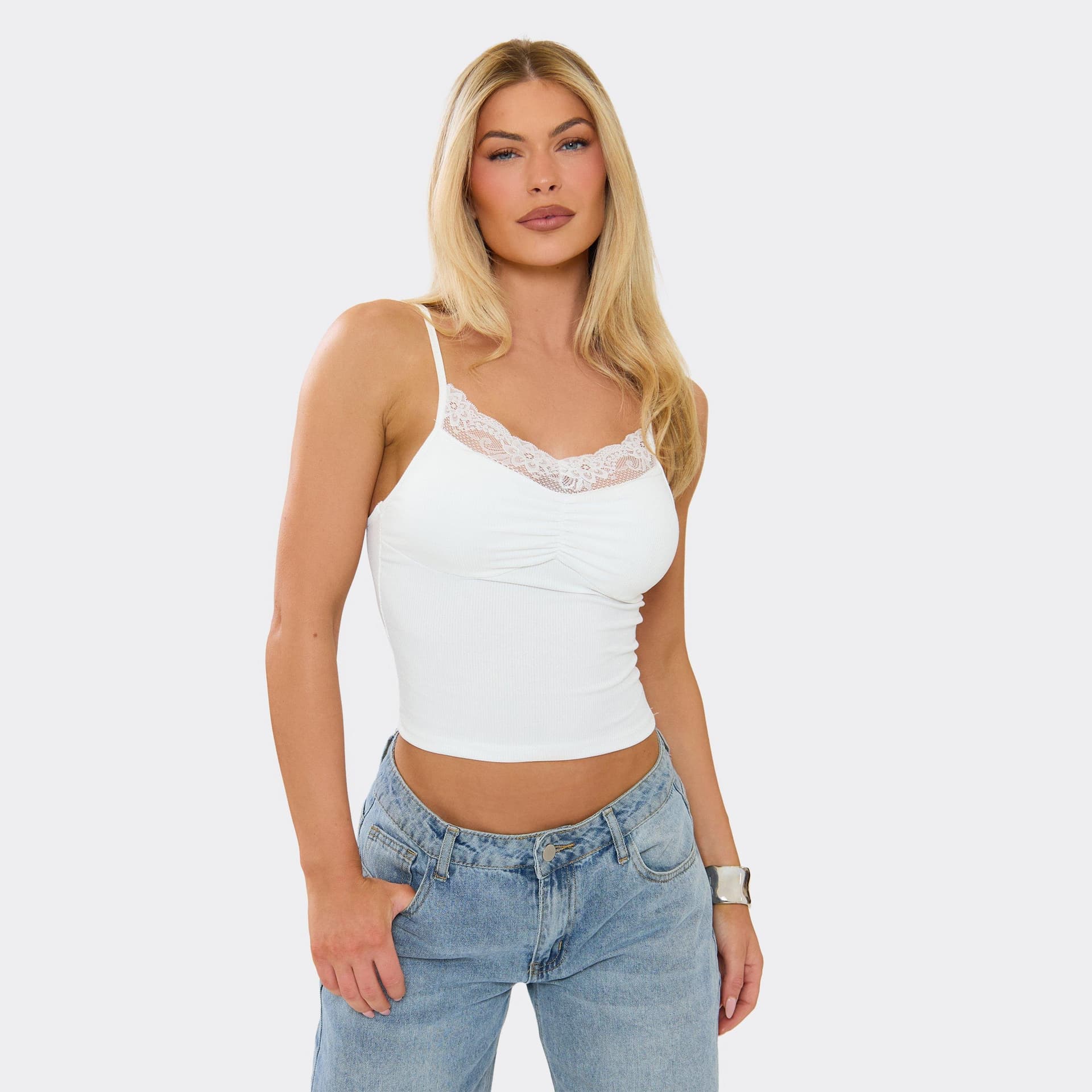 EGO Strappy Lace Trim Top In White, Women's Size UK L