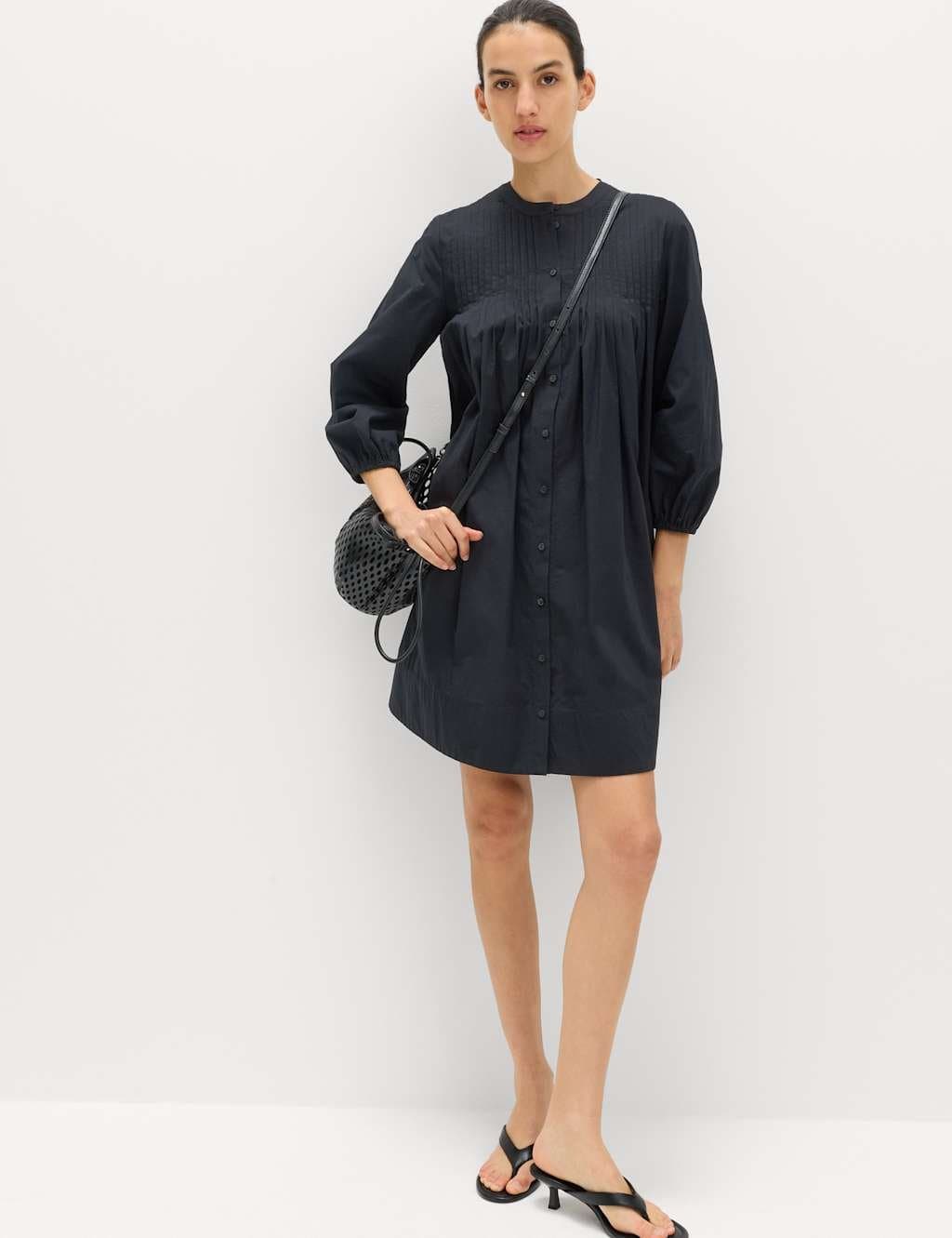 Marks & Spencer M&S Pure Cotton Pintuck Mini Relaxed Dress Black