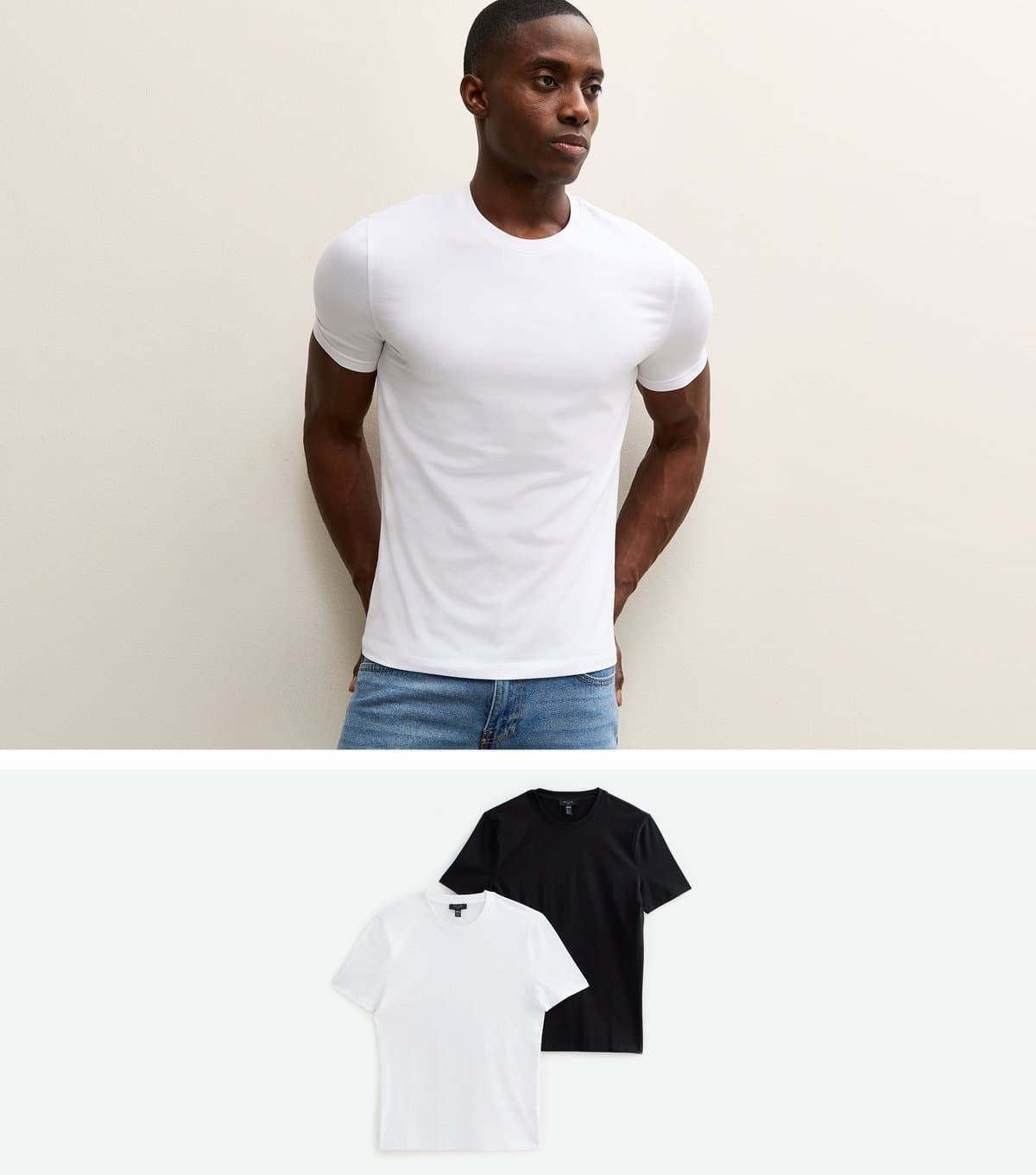 New Look Men's Pack of 2 White and Black Muscle Fit Crew Neck T-Shirts New Look
