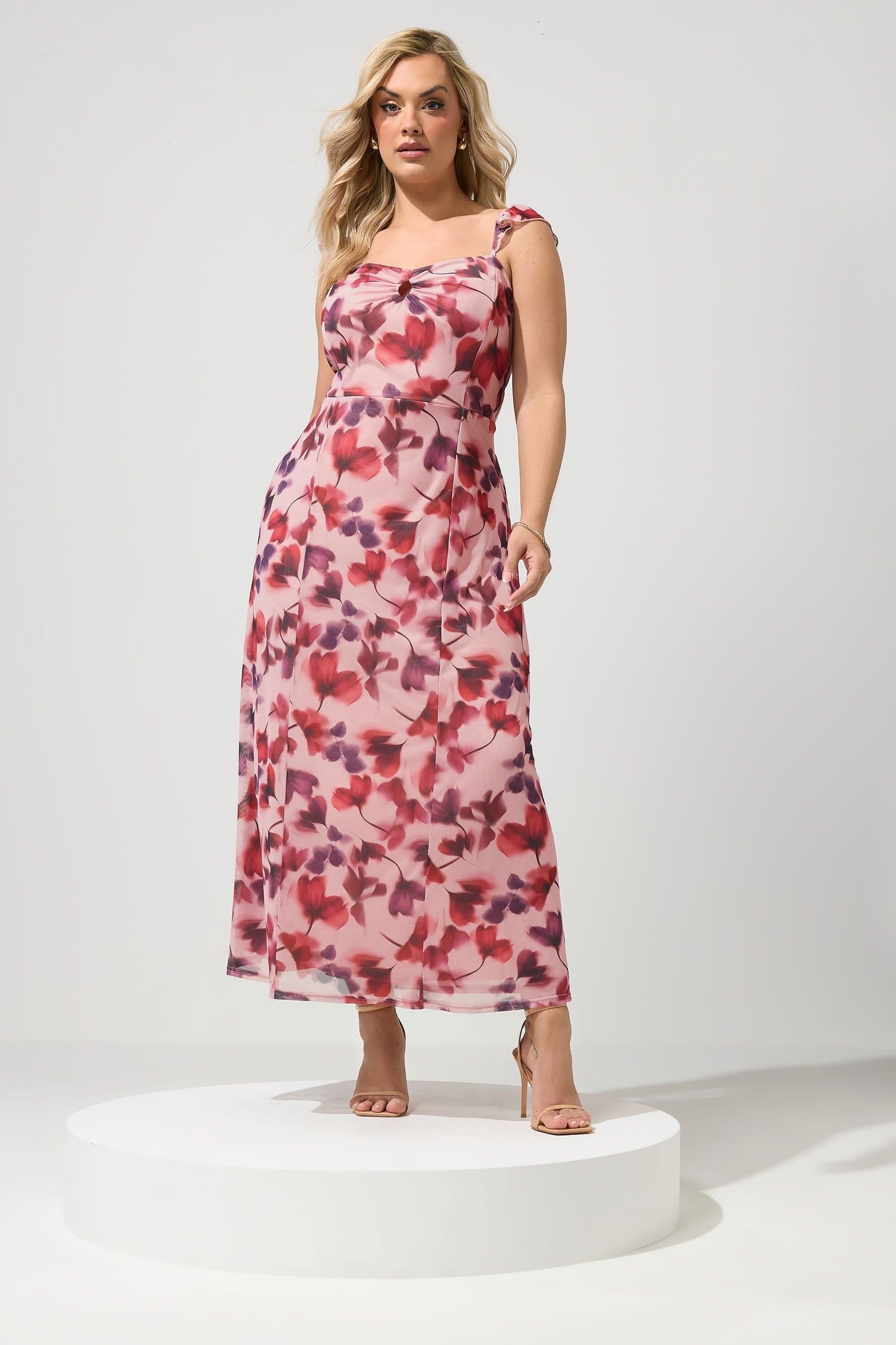 Yours Pink Floral Maxi Dress with Keyhole and Ruffle