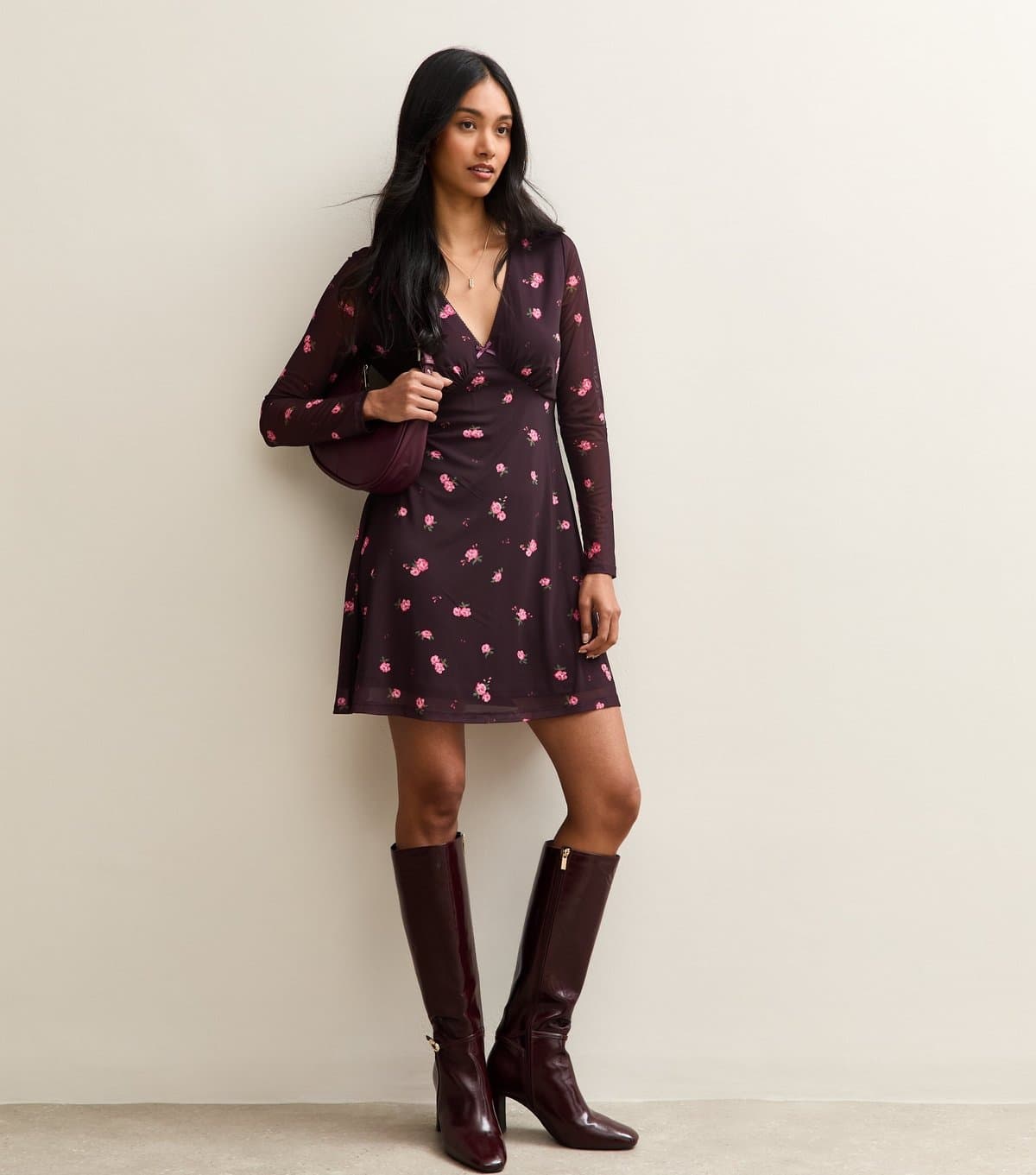 New Look Women's Dark Burgundy Floral Mesh Mini Dress New Look