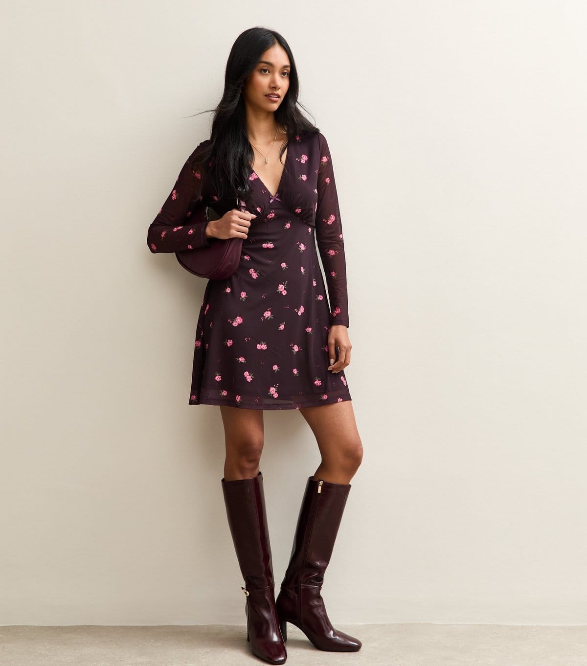 New Look Dark Burgundy Floral Mesh Mini Dress