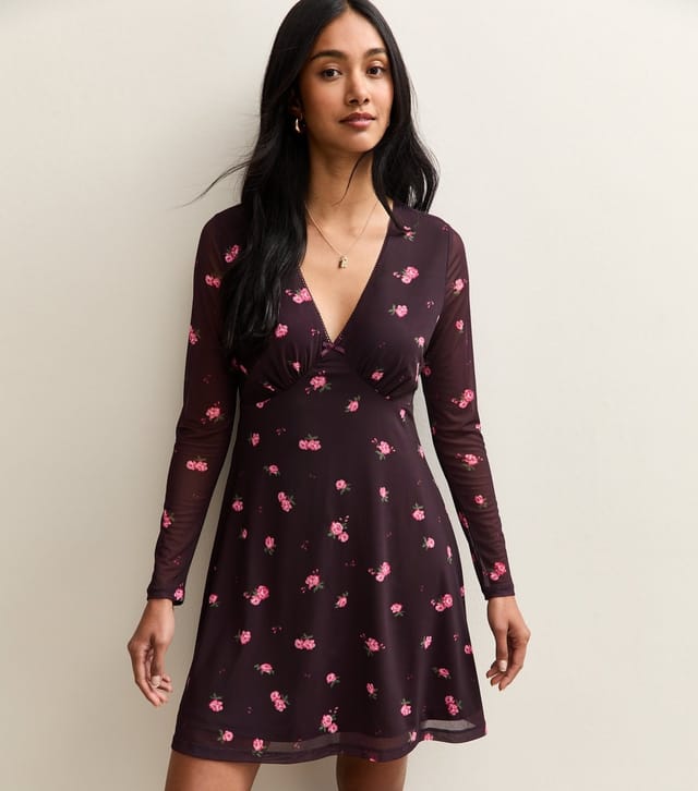 New Look Women's Dark Burgundy Floral Mesh Mini Dress New Look - 3