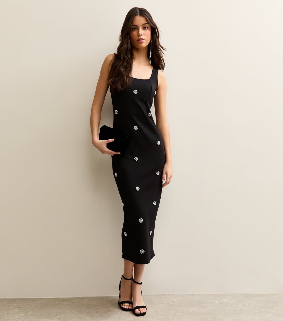 New Look Women's Black Diamante Flower Midi Dress New Look
