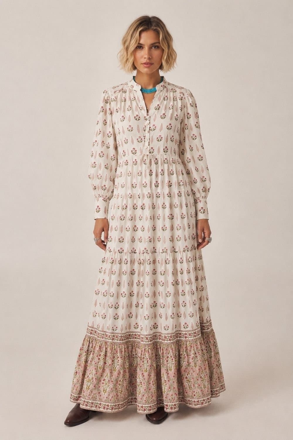 Soul of Sita Soul of Sita Women's Lalita Cream Woodblock Maxi Dress