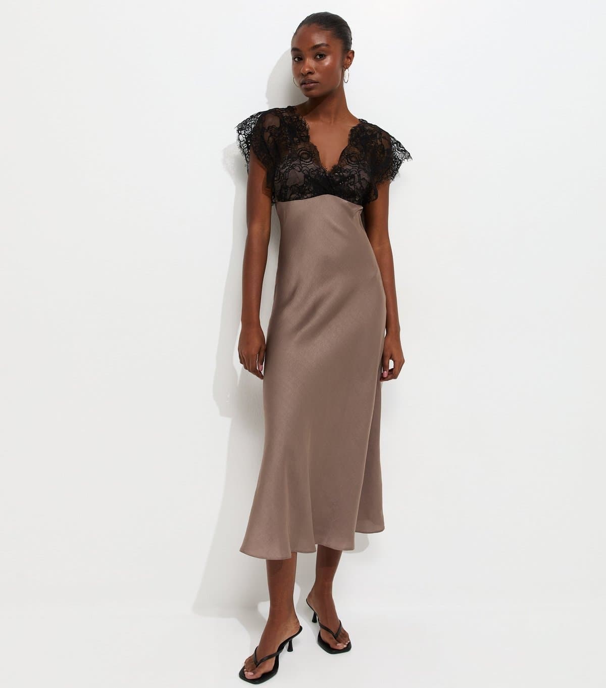 New Look Women's Light Brown Lace Bodice Satin Midi Dress New Look