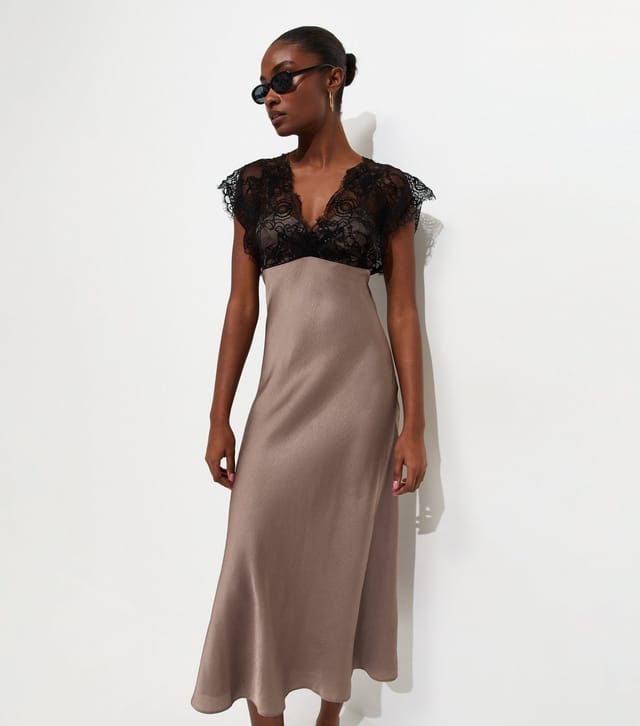 New Look Women's Light Brown Lace Bodice Satin Midi Dress New Look - 2