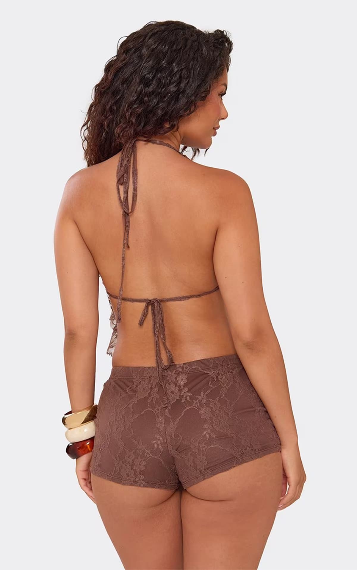 EGO Low Rise Mini Shorts In Chocolate Brown Lace, Women's Size UK 6