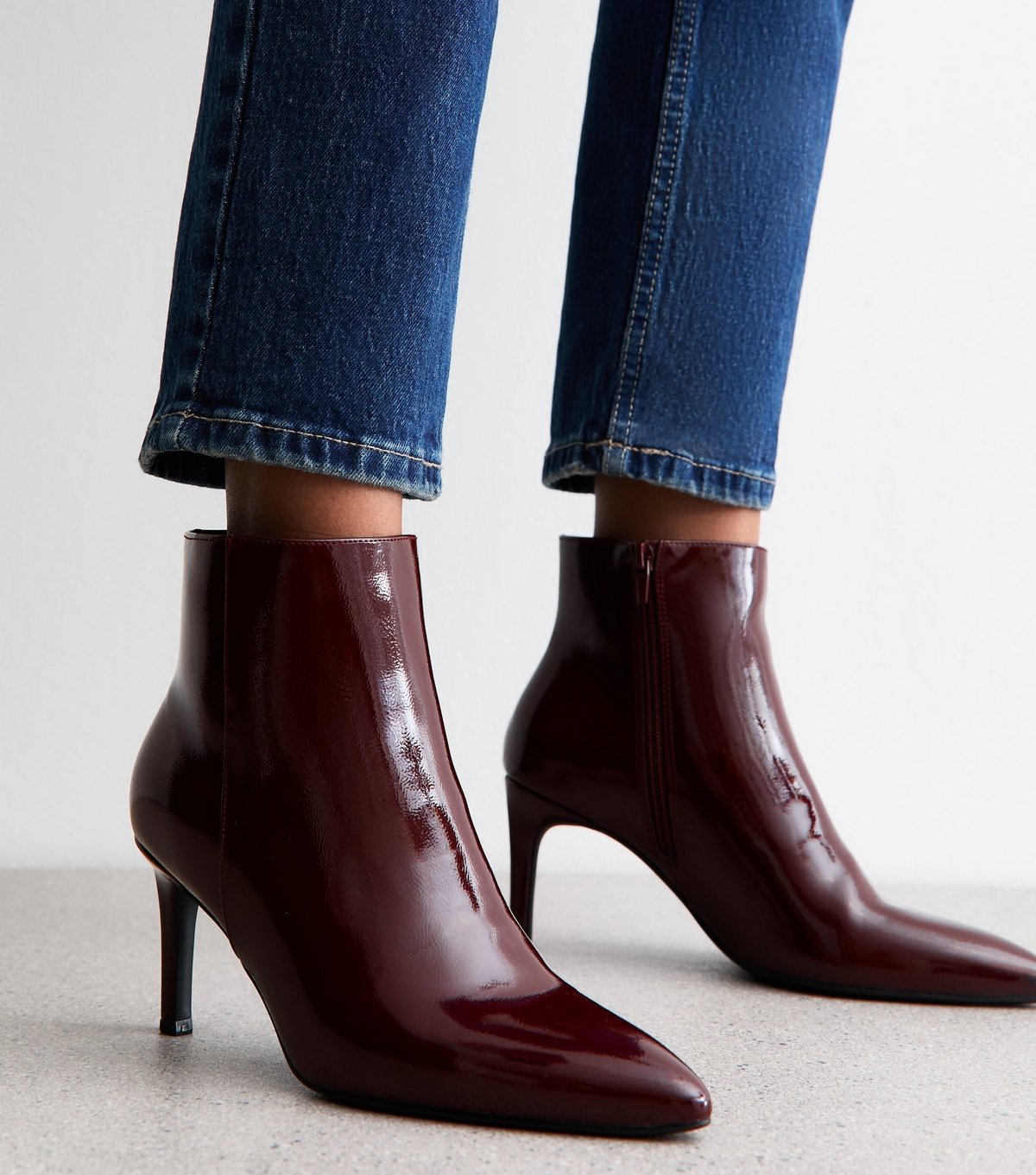 New Look Women's Dark Burgundy Faux Patent Leather Point Toe Ankle Boots Vegan New Look - 2