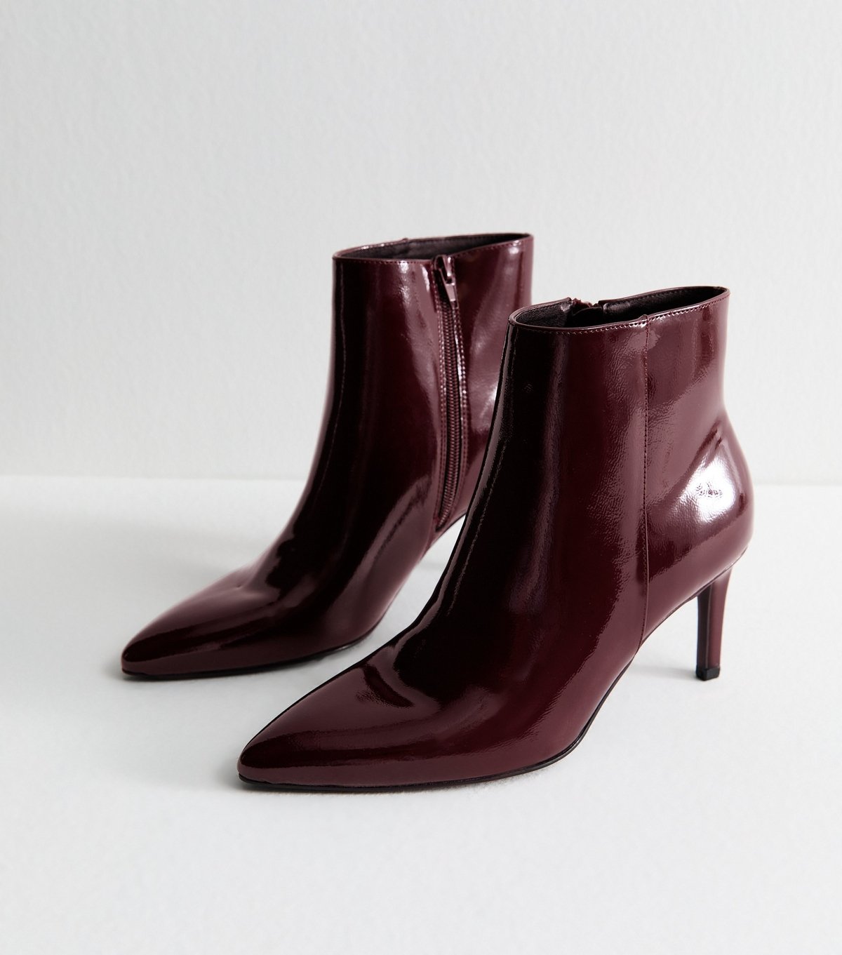 New Look Women's Dark Burgundy Faux Patent Leather Point Toe Ankle Boots Vegan New Look - 3