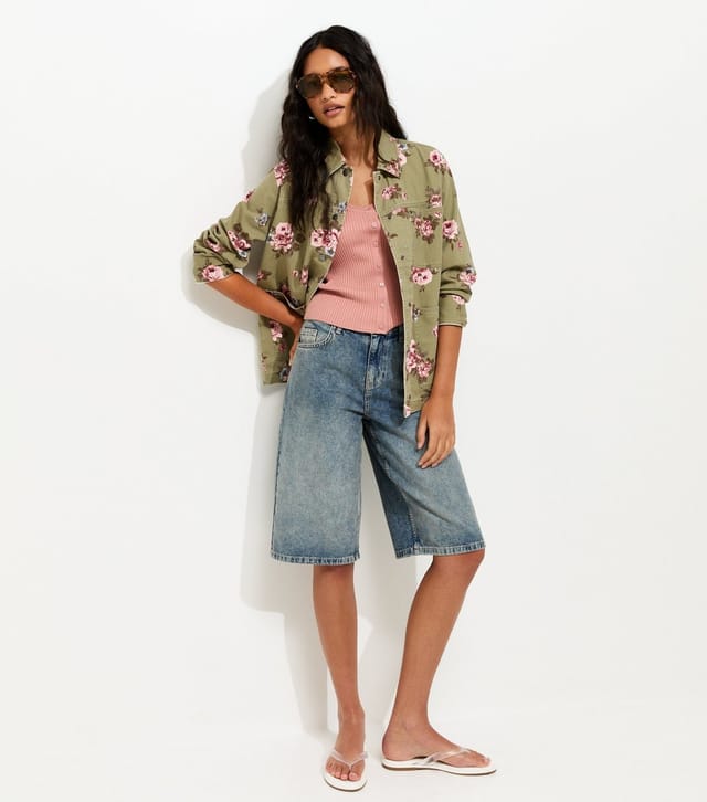 New Look Women's Green Cotton Floral Longline Shacket New Look - 3