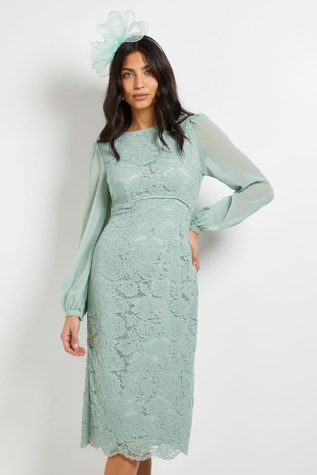 Wallis Wallis Women's Lace Chiffon Cowl Back Pencil Dress in Sage - 2