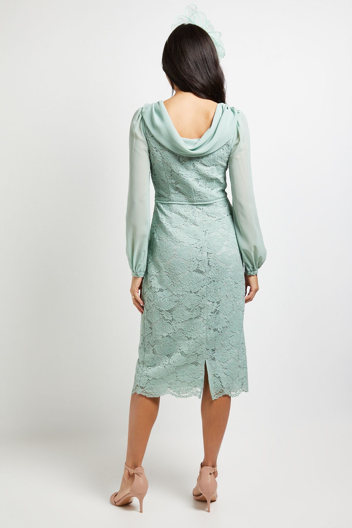 Wallis Wallis Women's Lace Chiffon Cowl Back Pencil Dress in Sage - 3