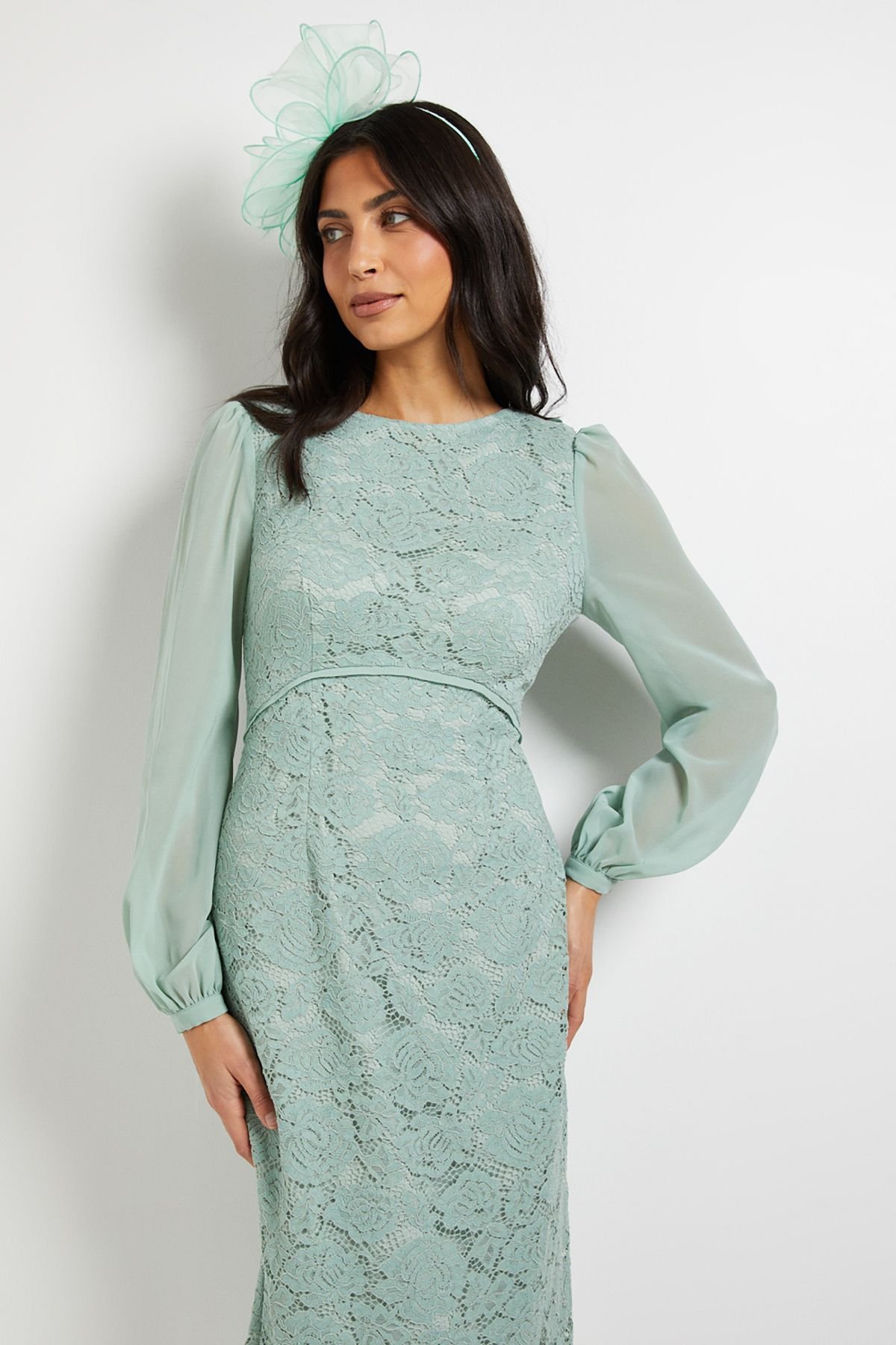 Wallis Wallis Women's Lace Chiffon Cowl Back Pencil Dress in Sage - 4