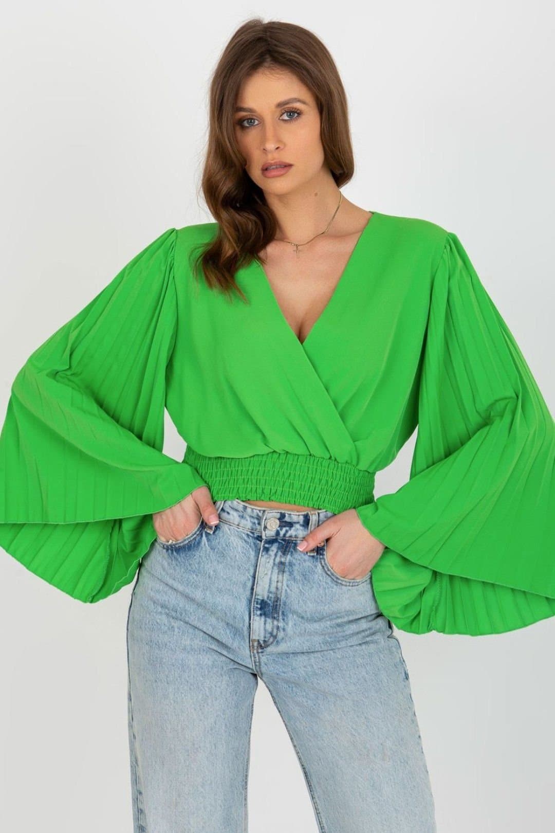 Love Lace Love Lace Women's Envelope Neck Long Pleated Sleeve Blouse in Green