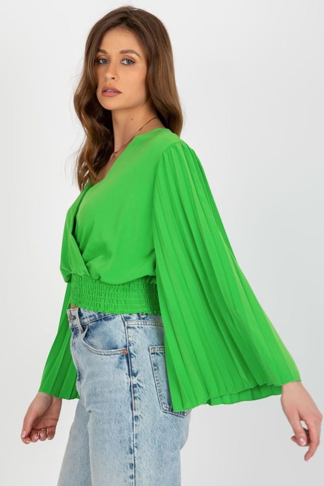Love Lace Love Lace Women's Envelope Neck Long Pleated Sleeve Blouse in Green - 2