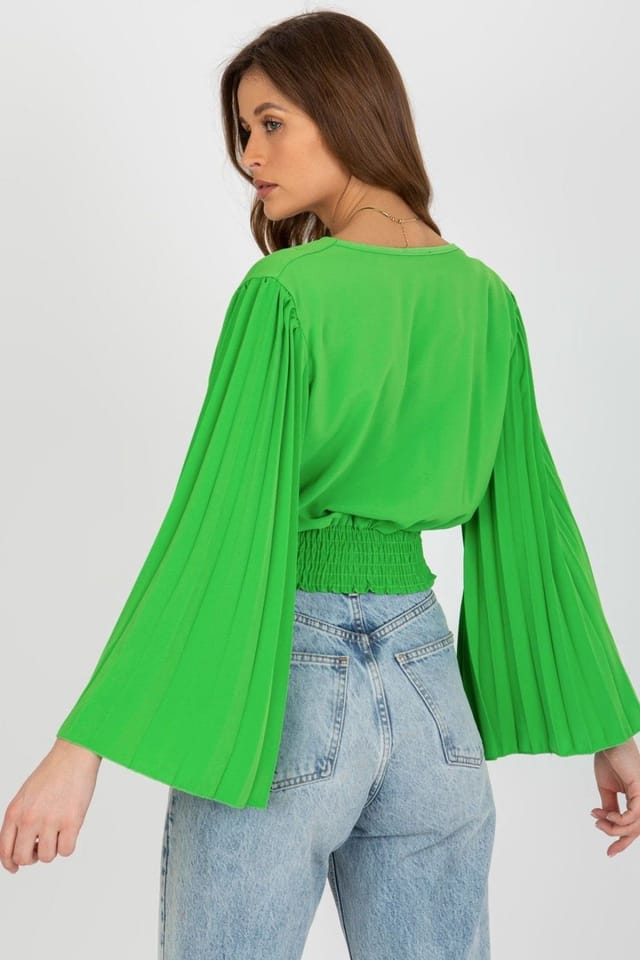 Love Lace Love Lace Women's Envelope Neck Long Pleated Sleeve Blouse in Green - 3