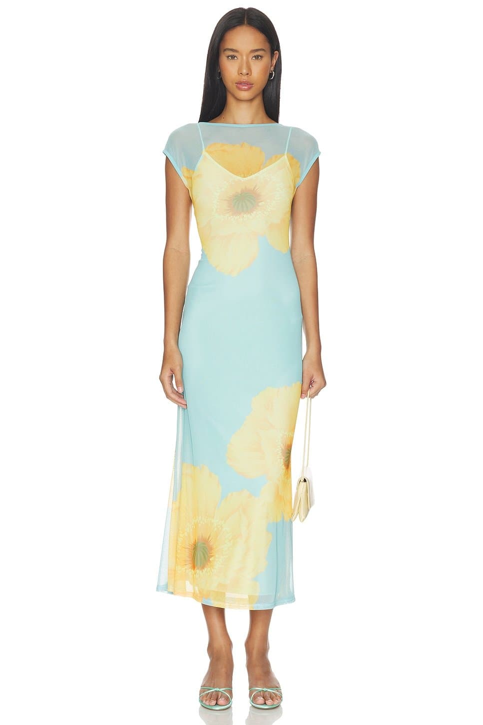 revolve Blue Yellow Poppy Mesh Luna Dress